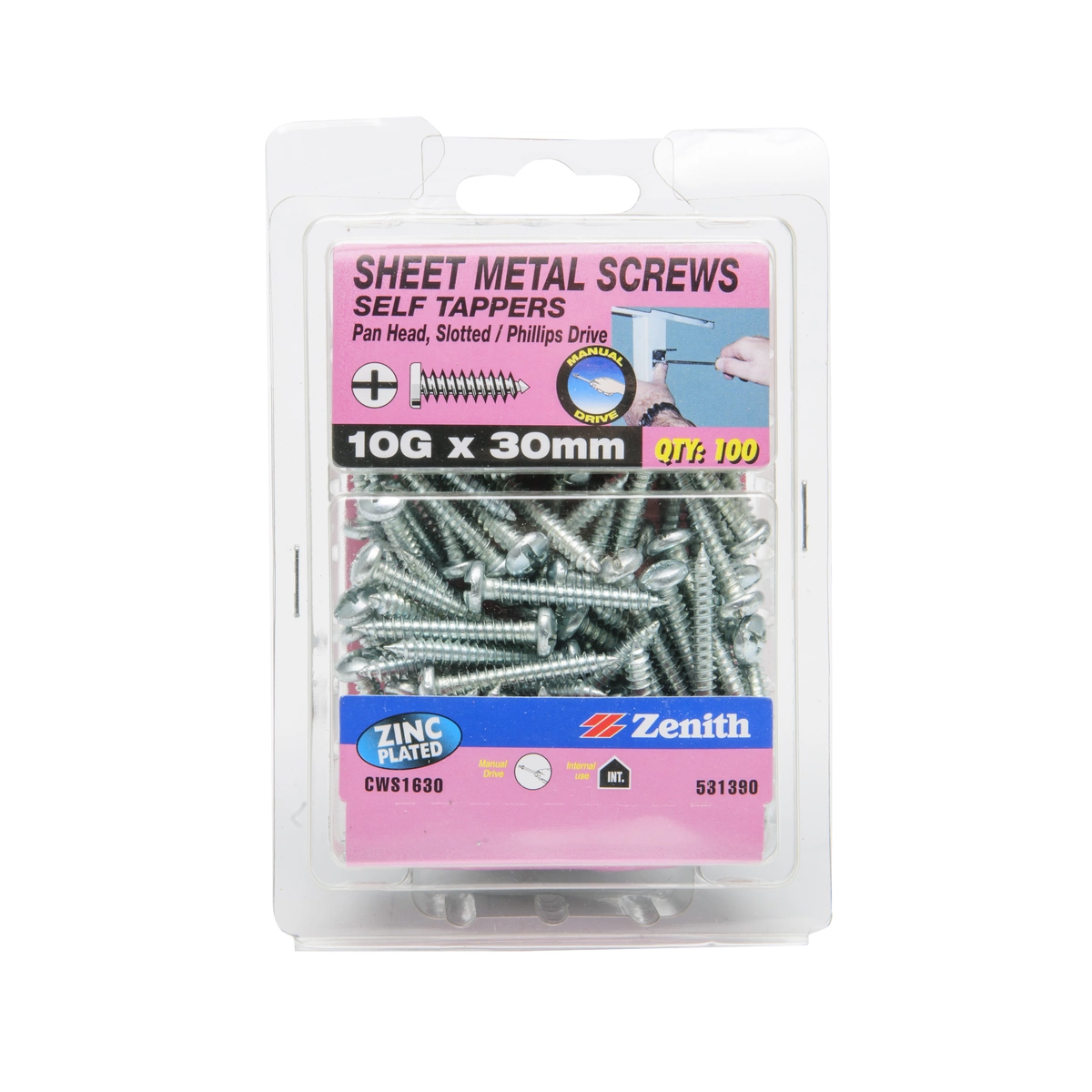 ZENITH® 10G x 30mm Zinc Plated Sheet Metal Screws – 100 Pack