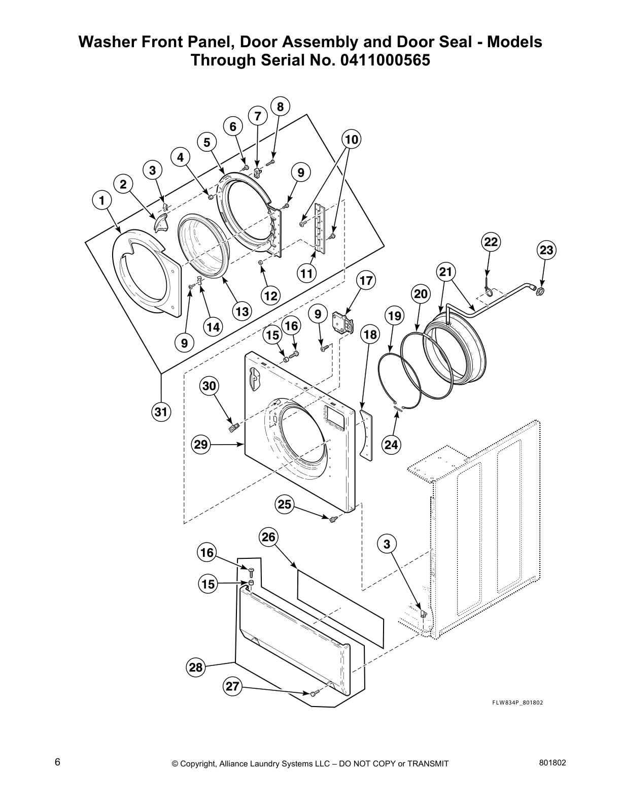 Washer Front Panel, Door Assembly and Door Seal - Models
Through Serial No. 0411000565