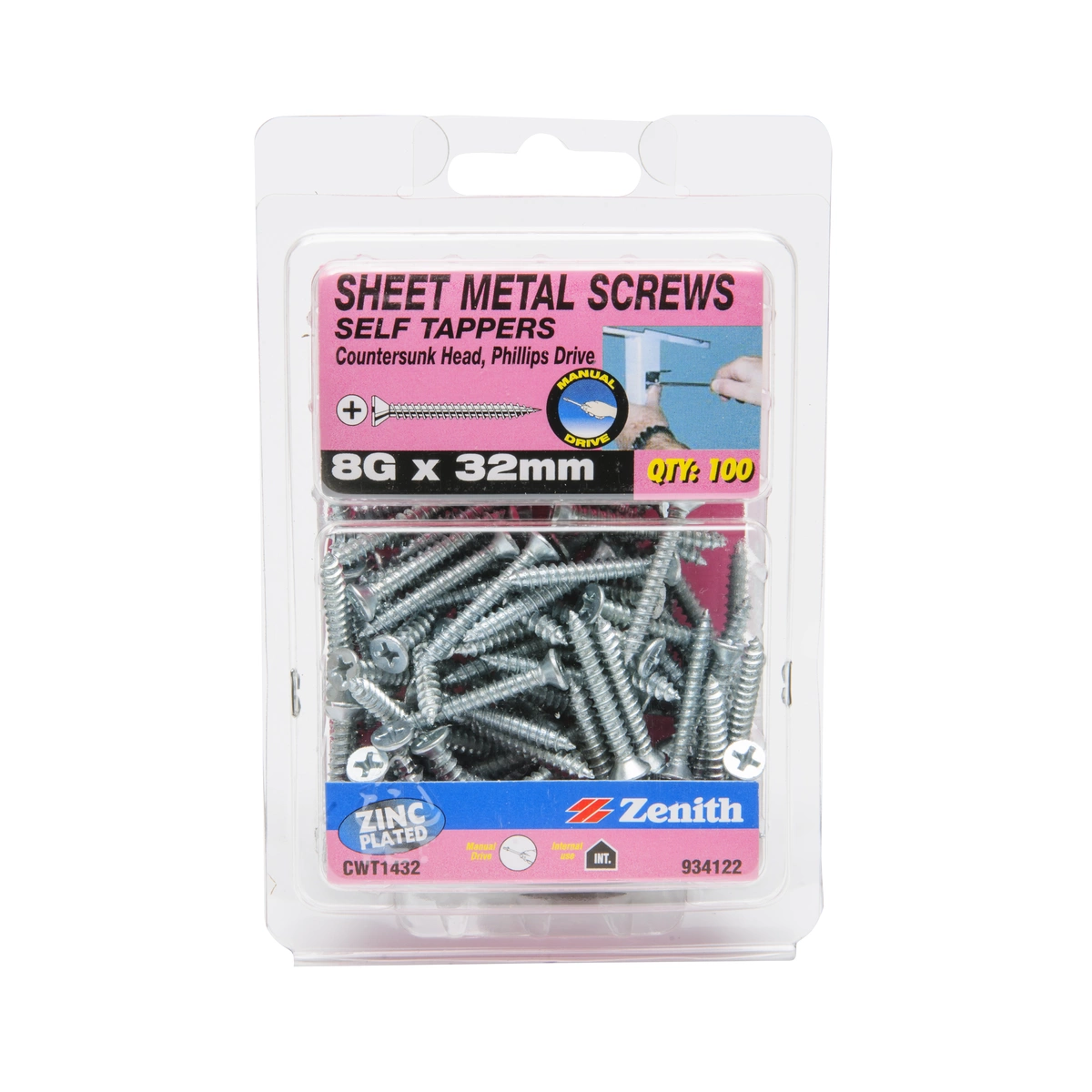 ZENITH® 8G x 32mm Zinc Plated Sheet Metal Screws – 100 Pack