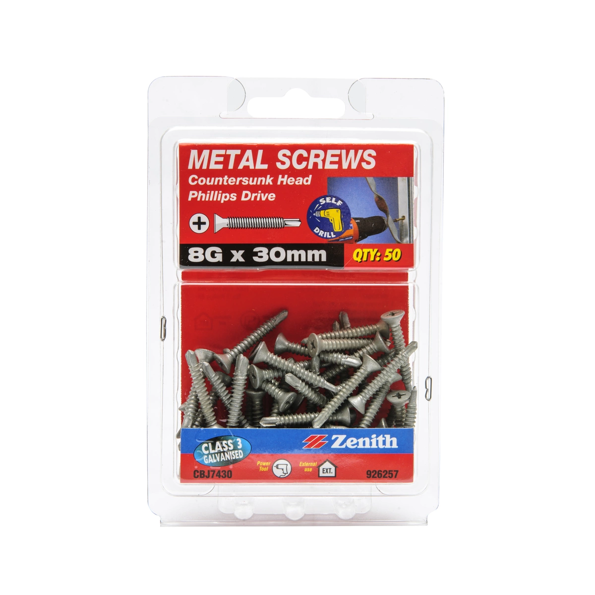 ZENITH® 8G x 30mm Class 3 Galvanised Metal Screws – 50 Pack