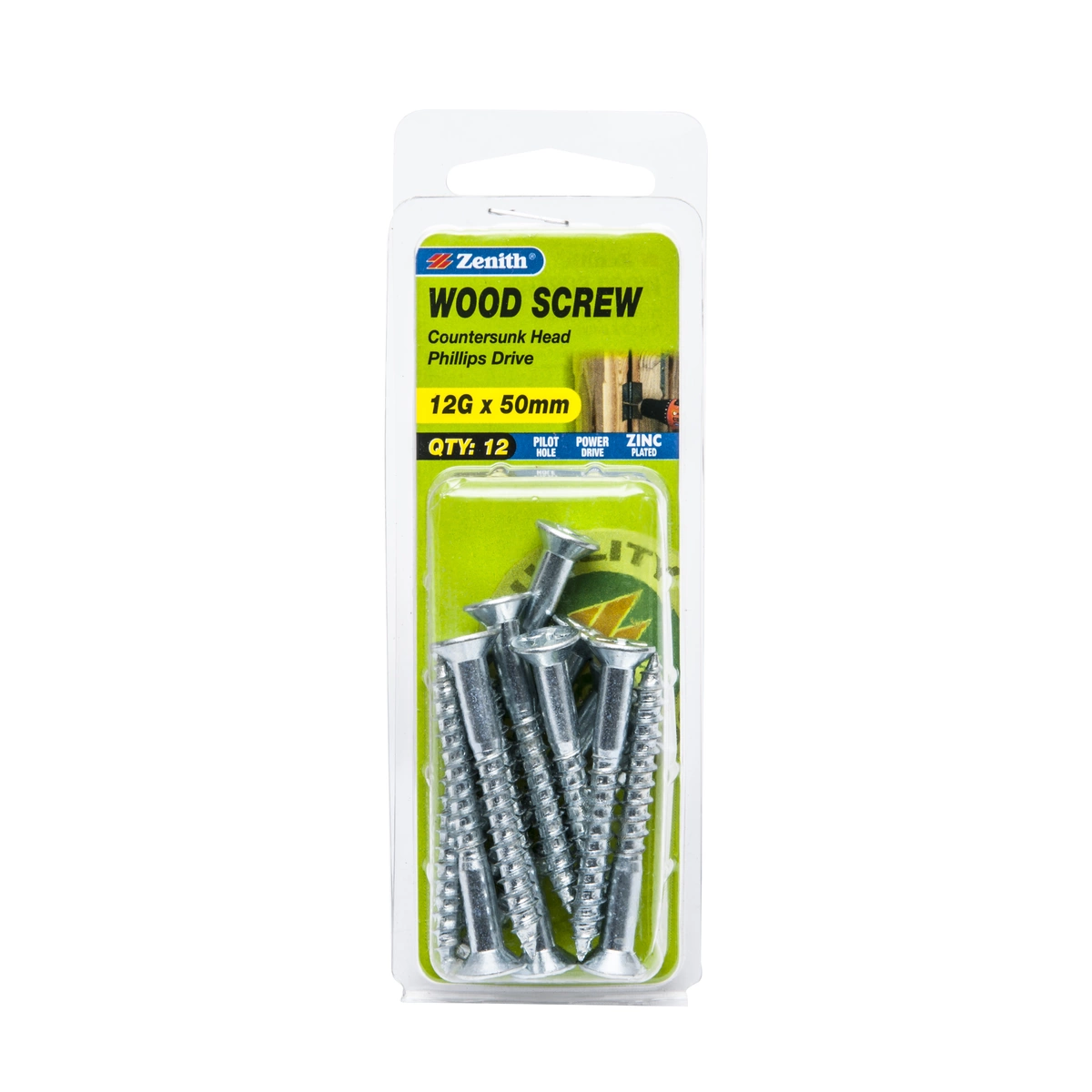 ZENITH® 12G x 50mm Zinc Plated Wood Screws – 12 Pack