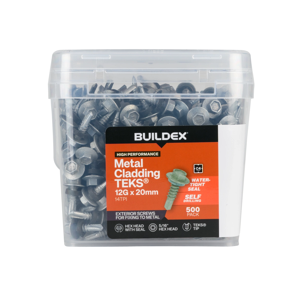 Buildex® 12G x 20mm Class 4 Metal Cladding TEKS® Screws with Seal – 500 Pack