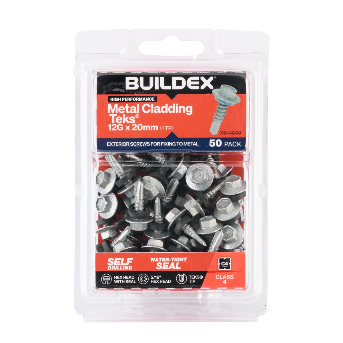 Buildex® 12G x 20mm Class 4 Metal Cladding TEKS® Screws with Seal – 50 Pack