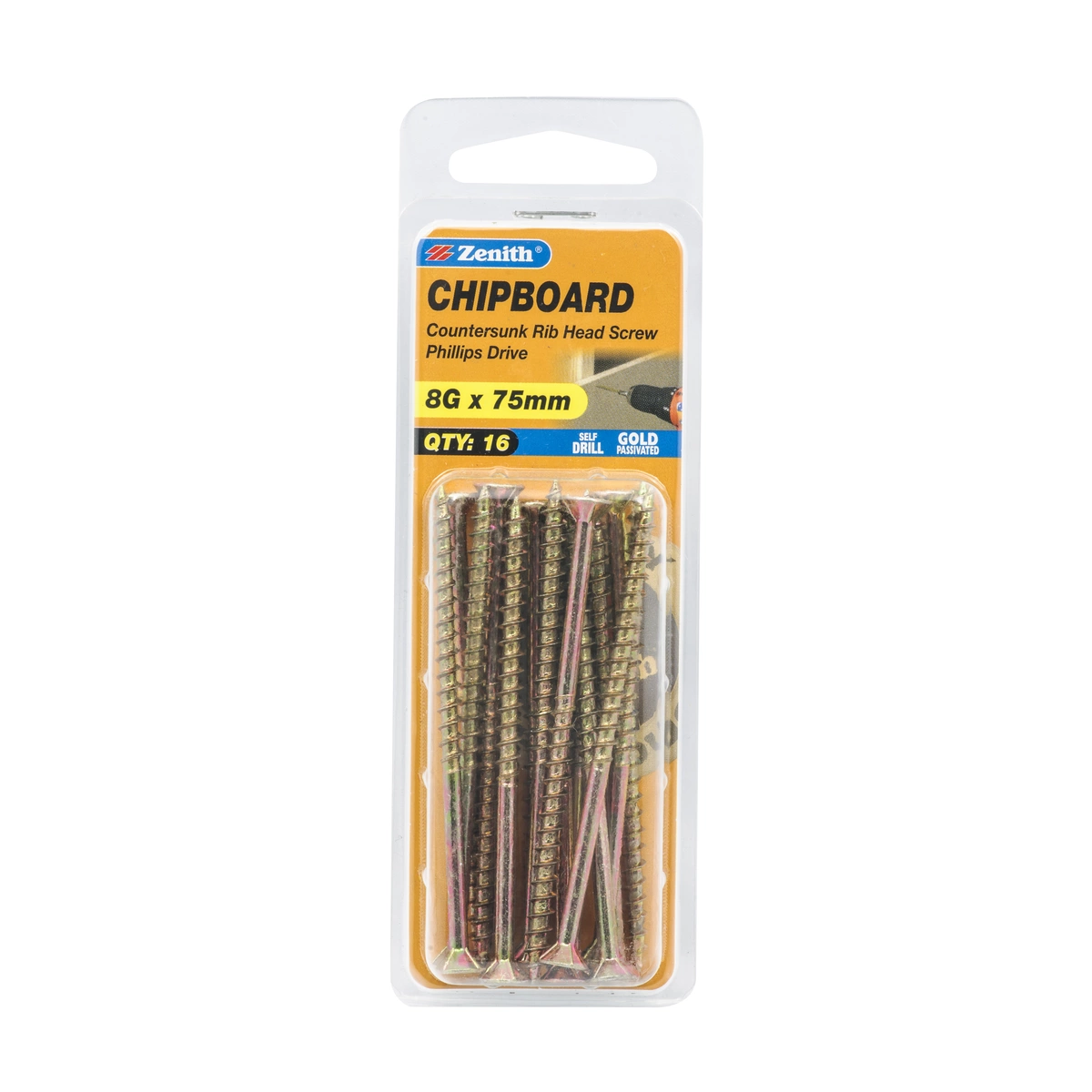 ZENITH® 8G x 75mm Gold Passivated Chipboard Screws – 16 Pack