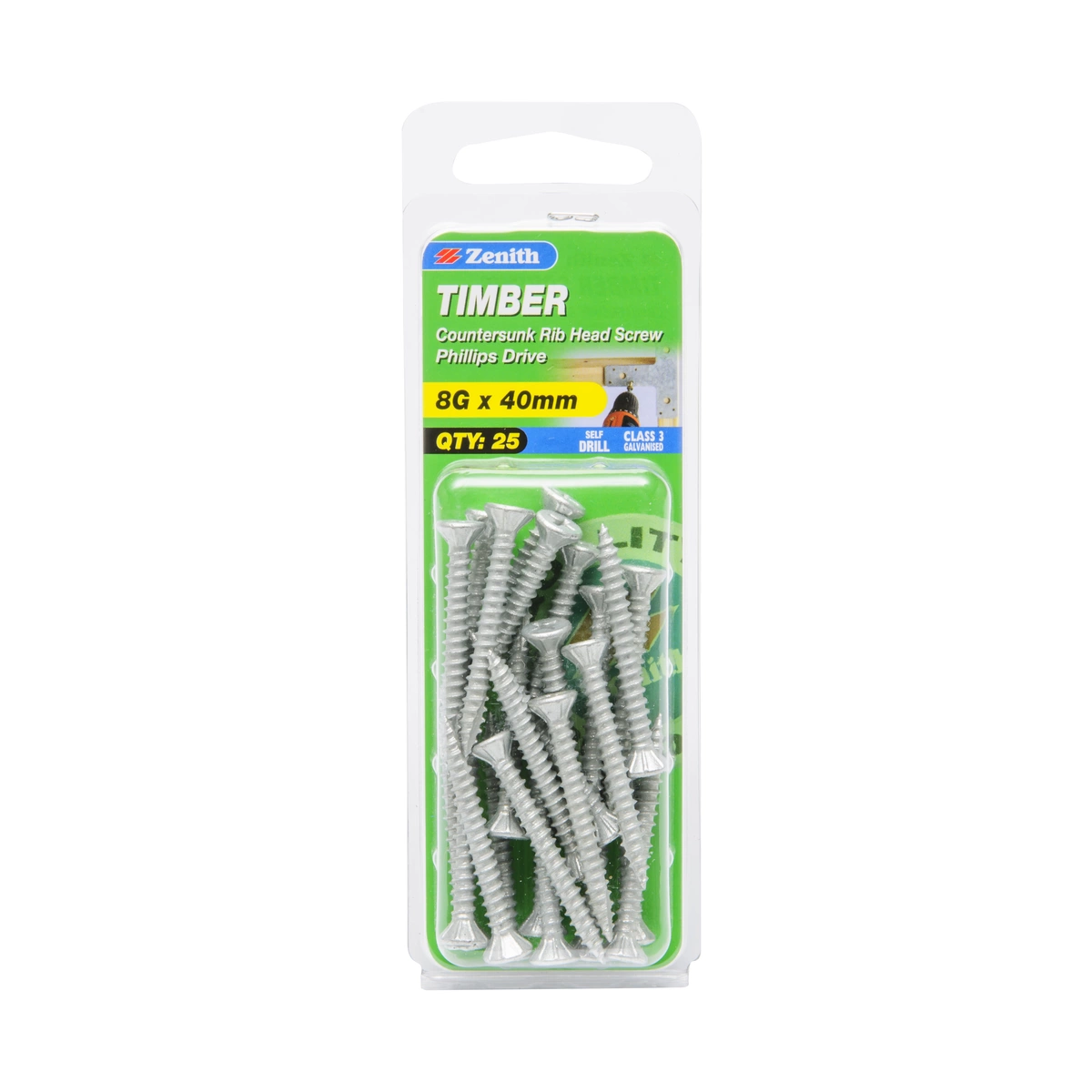 ZENITH® 8G x 40mm Class 3 Galvanised Timber Screws – 25 Pack
