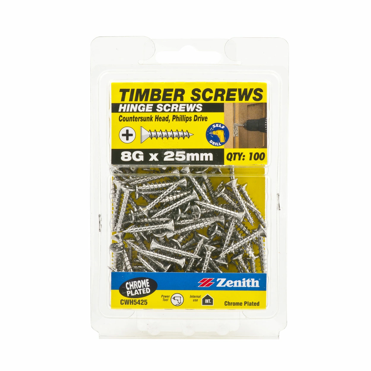 ZENITH® 8G x 25mm Chrome Plated Hinge Screws – 100 Pack