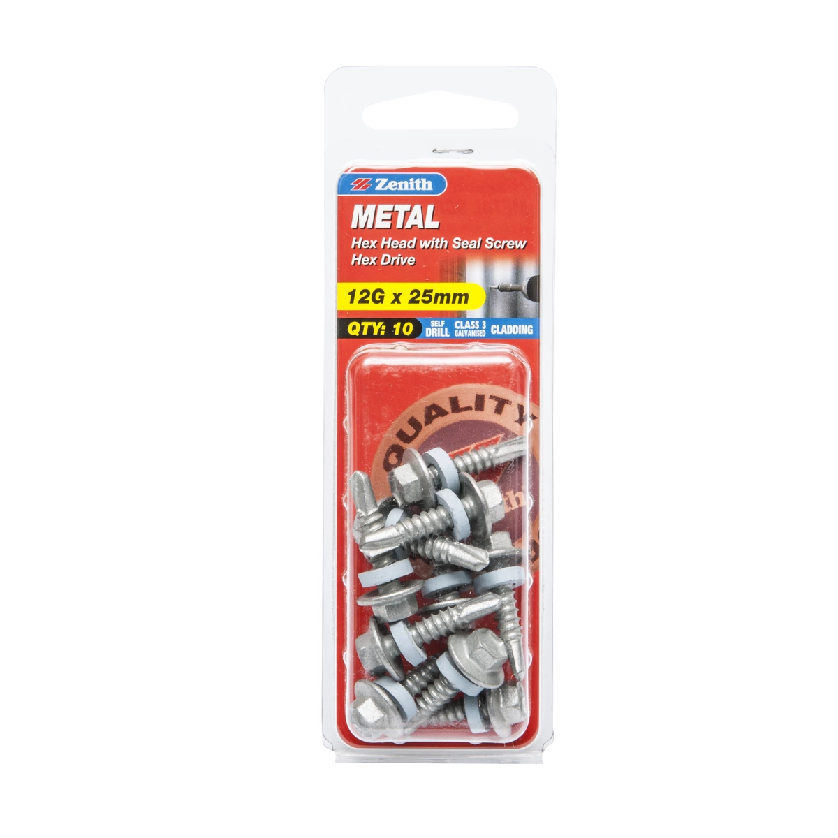ZENITH® 12G x 25mm Class 3 Galvanised Cladding & Roofing Screws with Seal – 10 Pack