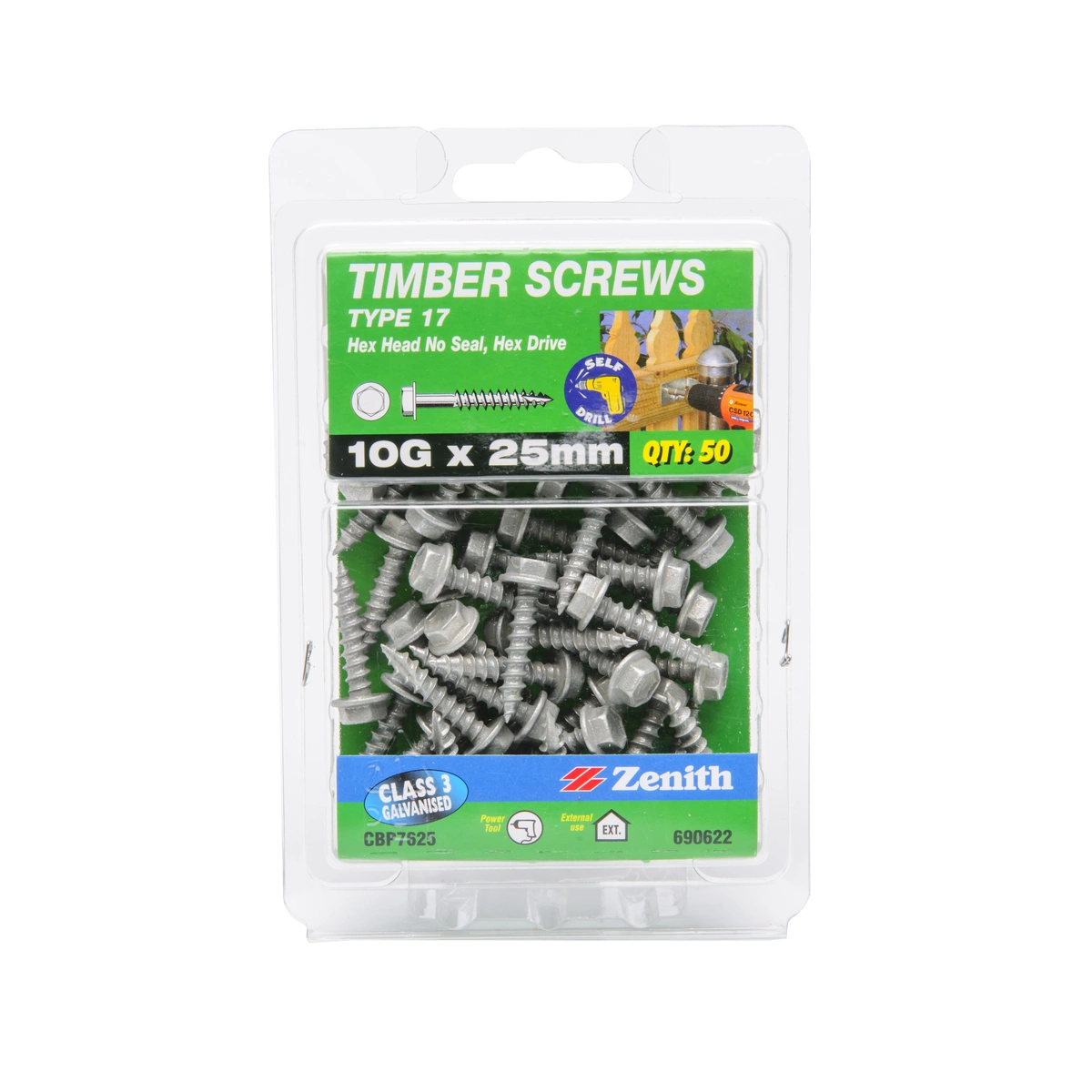 ZENITH® 10G x 25mm Class 3 Galvanised Timber Screws – 50 Pack