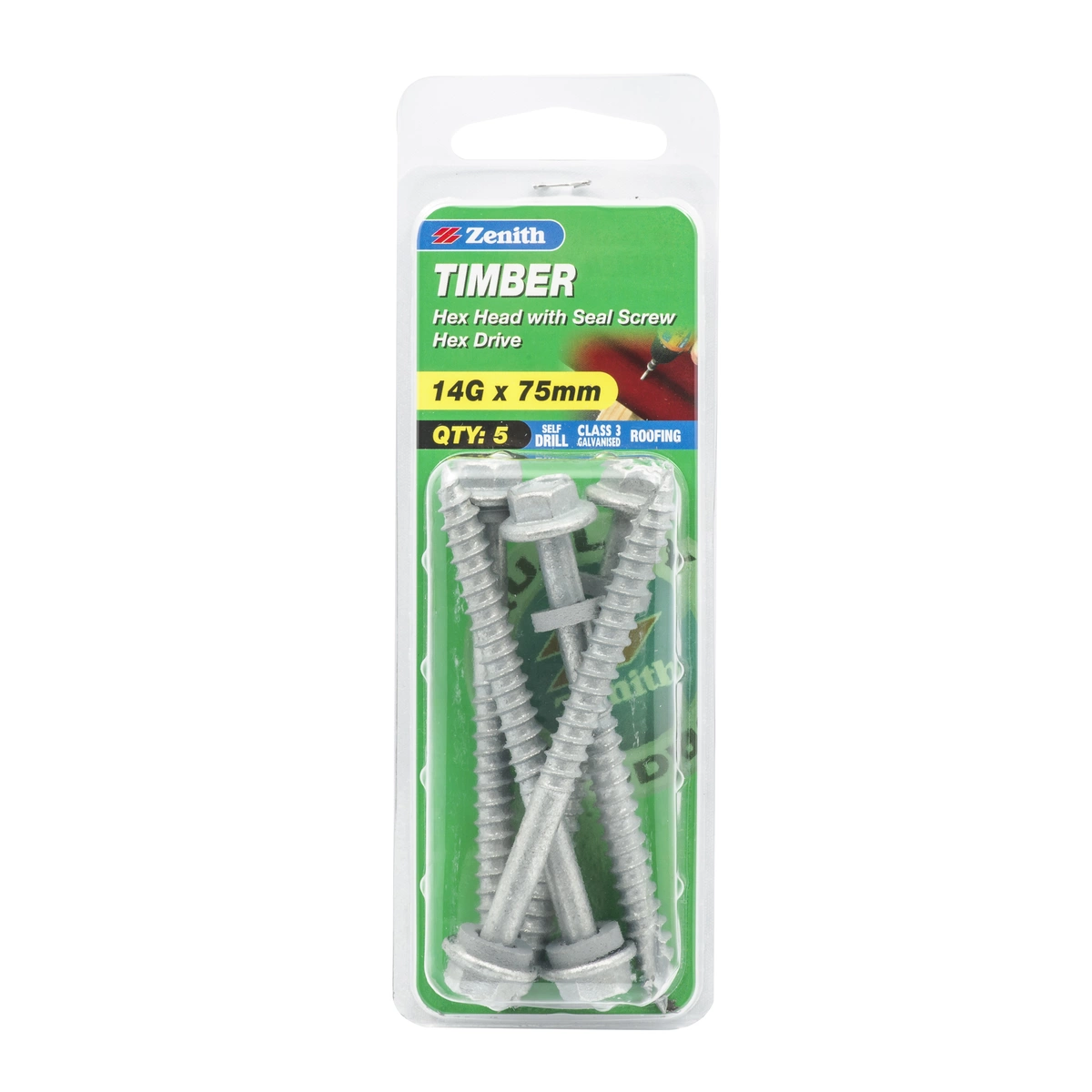 ZENITH® 14G x 75mm Class 3 Galvanised Cladding & Roofing Screws with Seal – 5 Pack