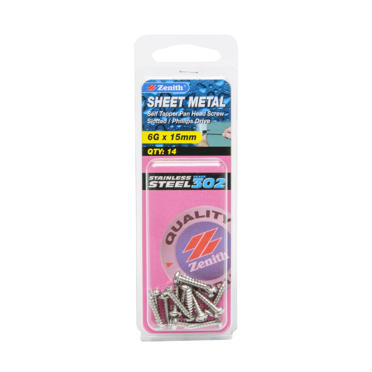 ZENITH® 6G x 15mm 304 Stainless Steel Sheet Metal Screws – 14 Pack