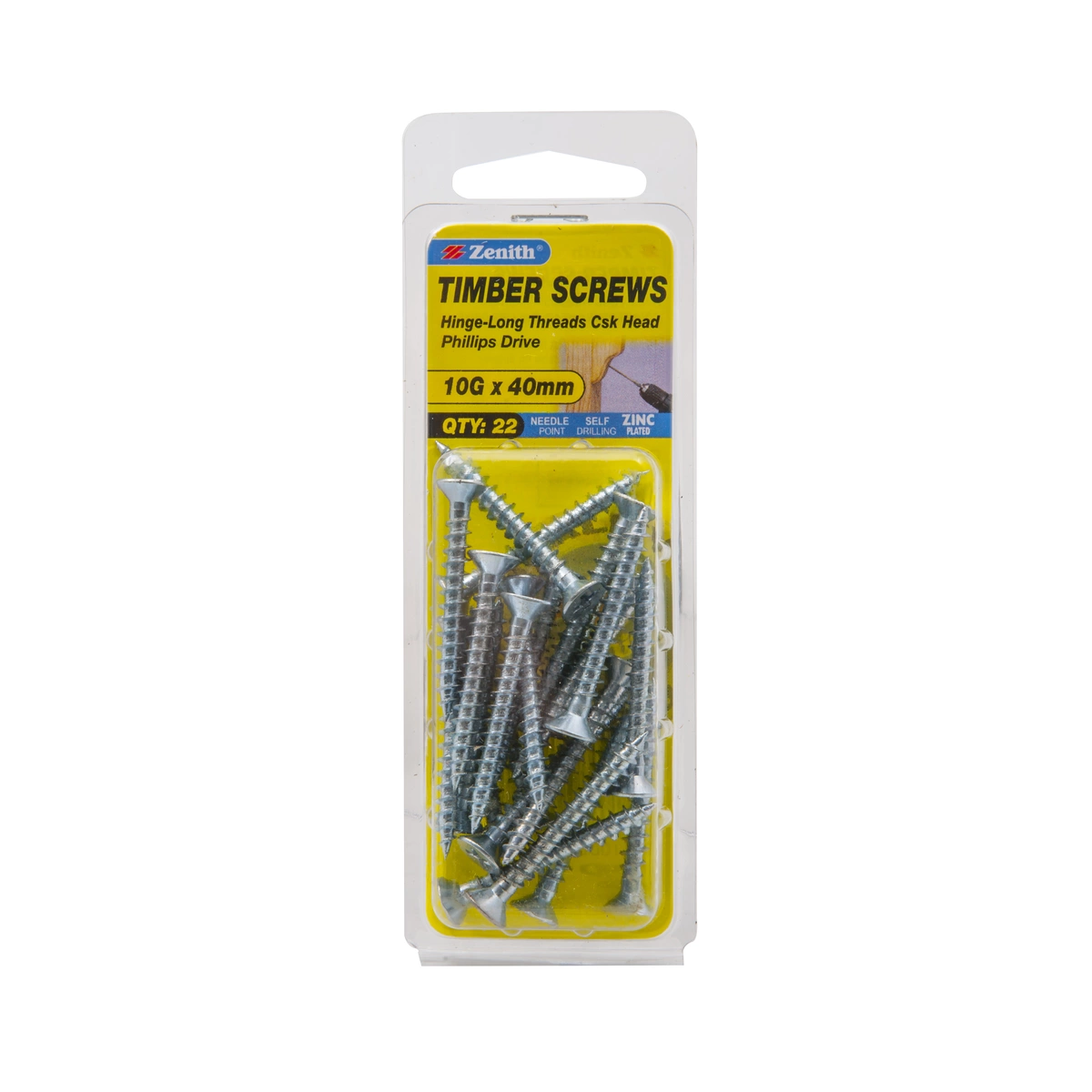 ZENITH® 10G x 40mm Zinc Plated Timber Screws – 22 Pack