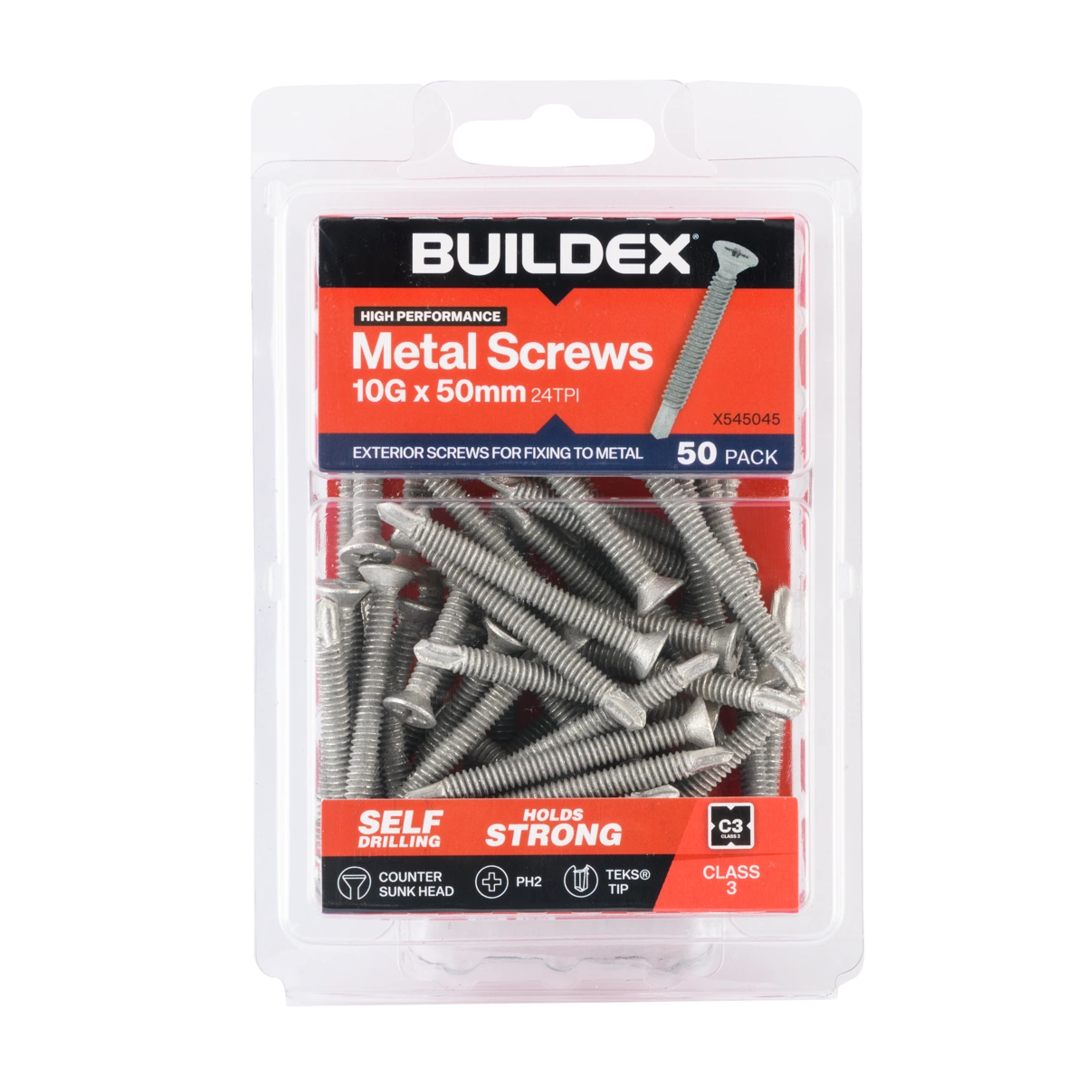 Buildex® 10G x 50mm Class 3 Sheet Metal Screws (Countersunk Head) – 50 Pack