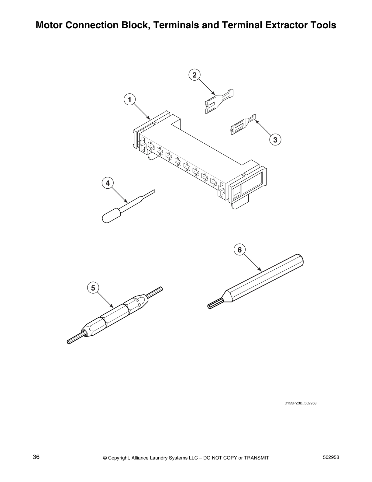 Motor Connection Block, Terminals and Terminal Extractor Tools