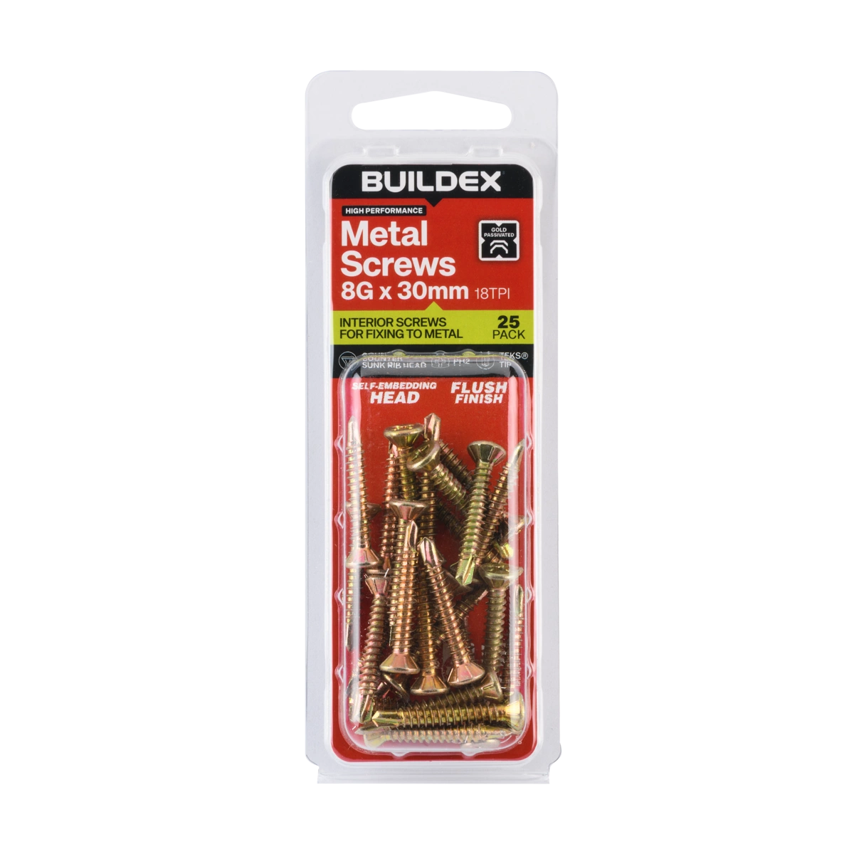 Buildex® 8G x 30mm Gold Passivated Sheet Metal Screws – 25 Pack