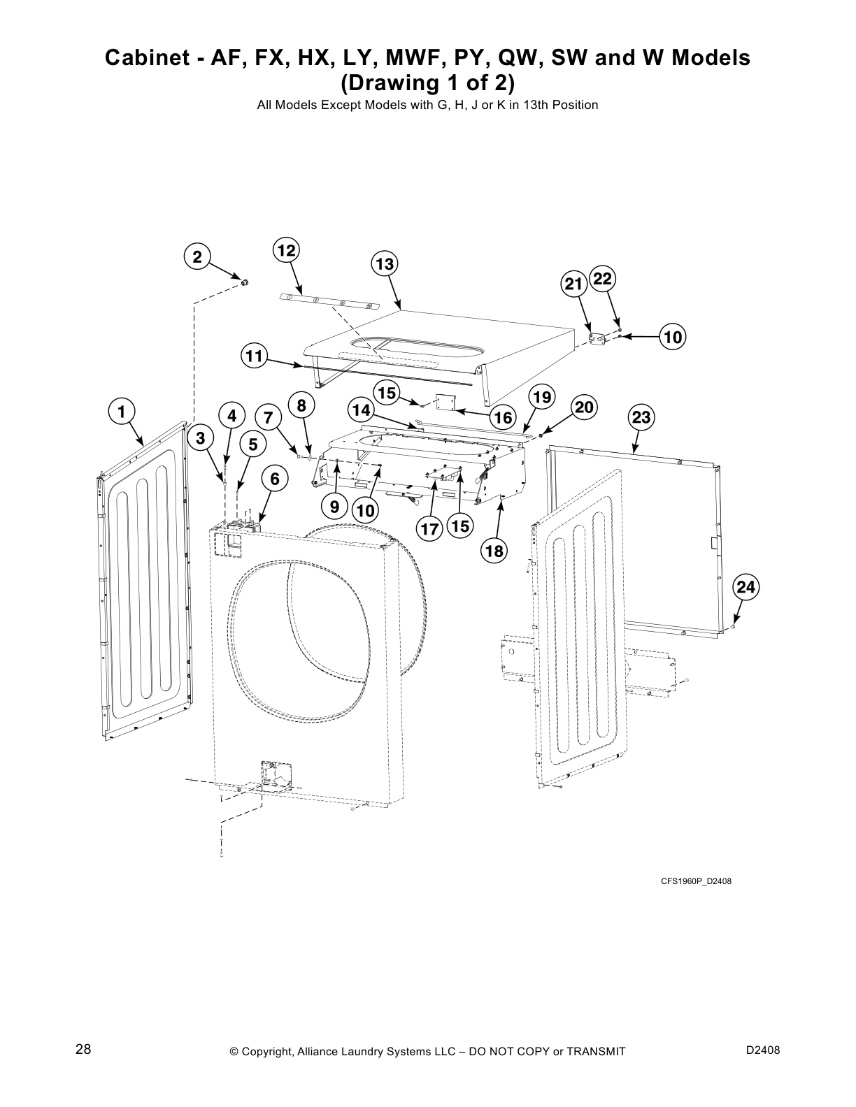 Cabinet - AF, FX, HX, LY, MWF, PY, QW, SW and W Models
(Drawing 1 of 2)