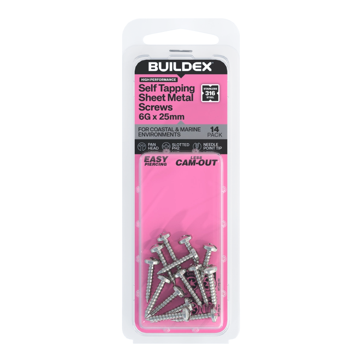Buildex® 6G x 25mm SS316 Self Tapping Sheet Metal Screws – 14 Pack