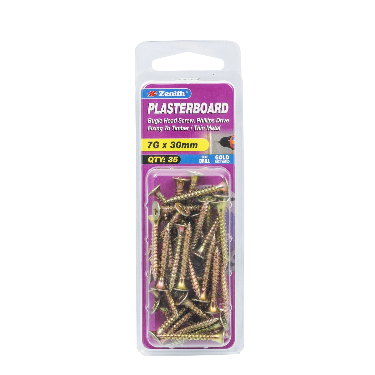 ZENITH® 7G x 30mm Gold Passivated Plasterboard Screws – 35 Pack