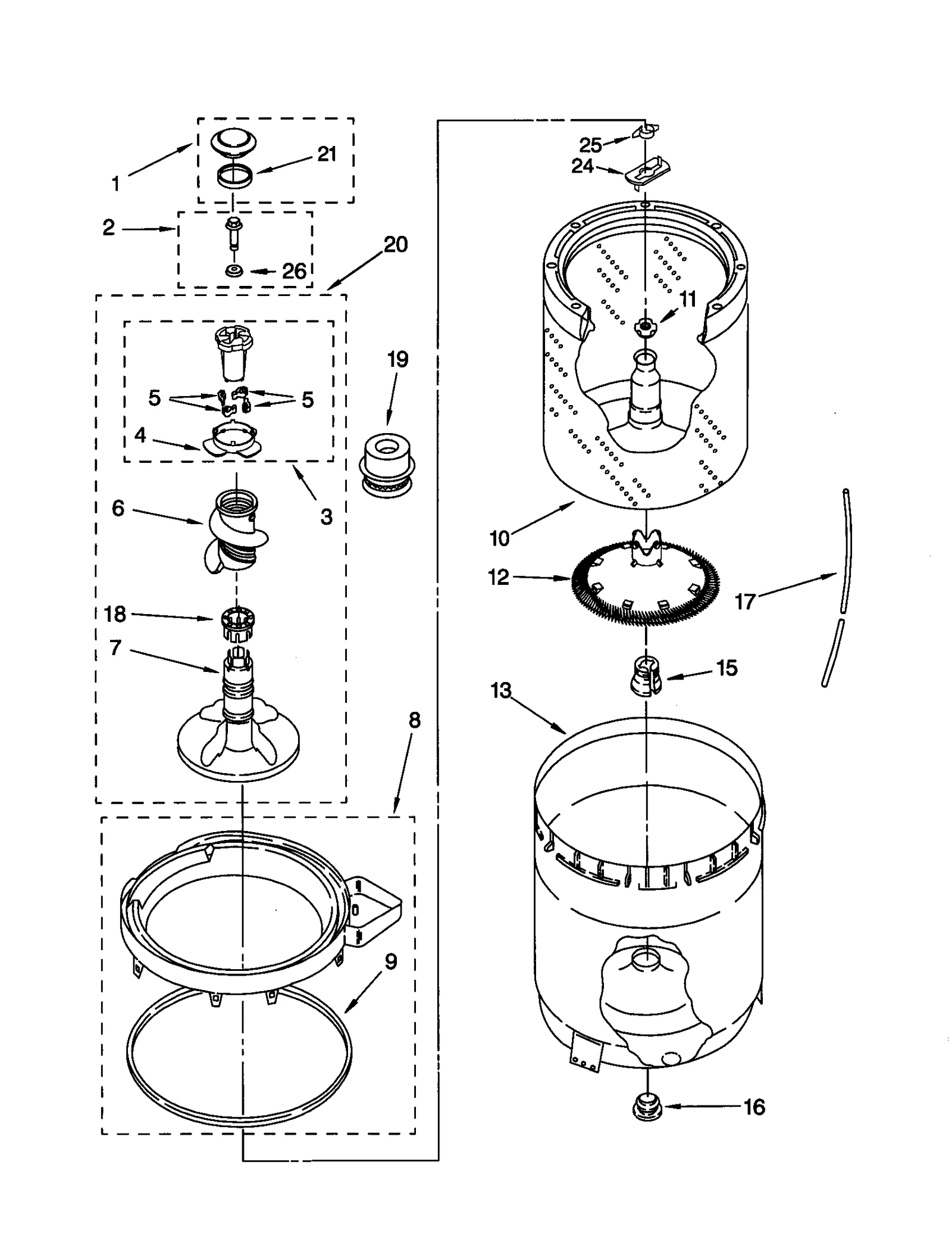 AGITATOR, BASKET AND TUB