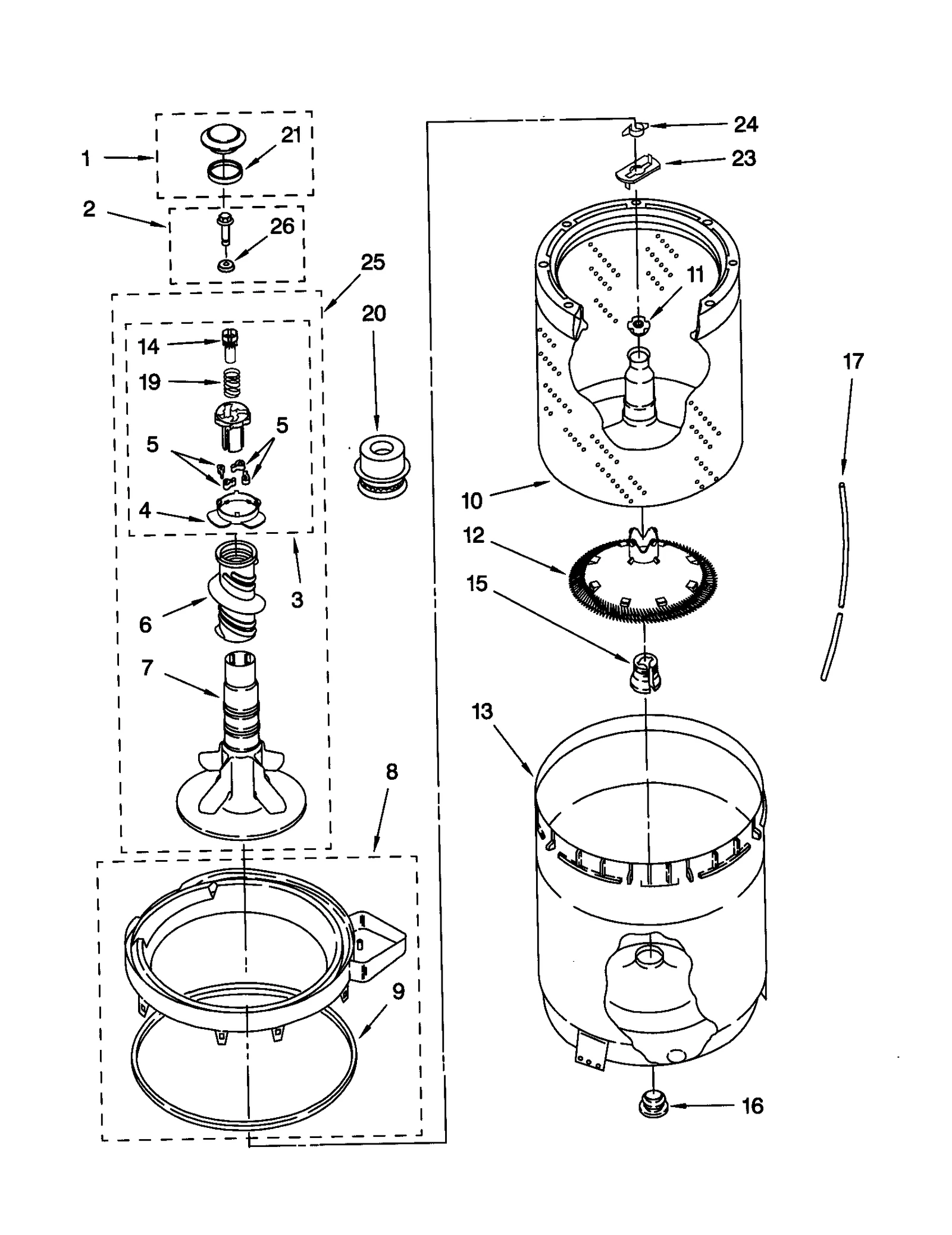 AGITATOR, BASKET AND TUB