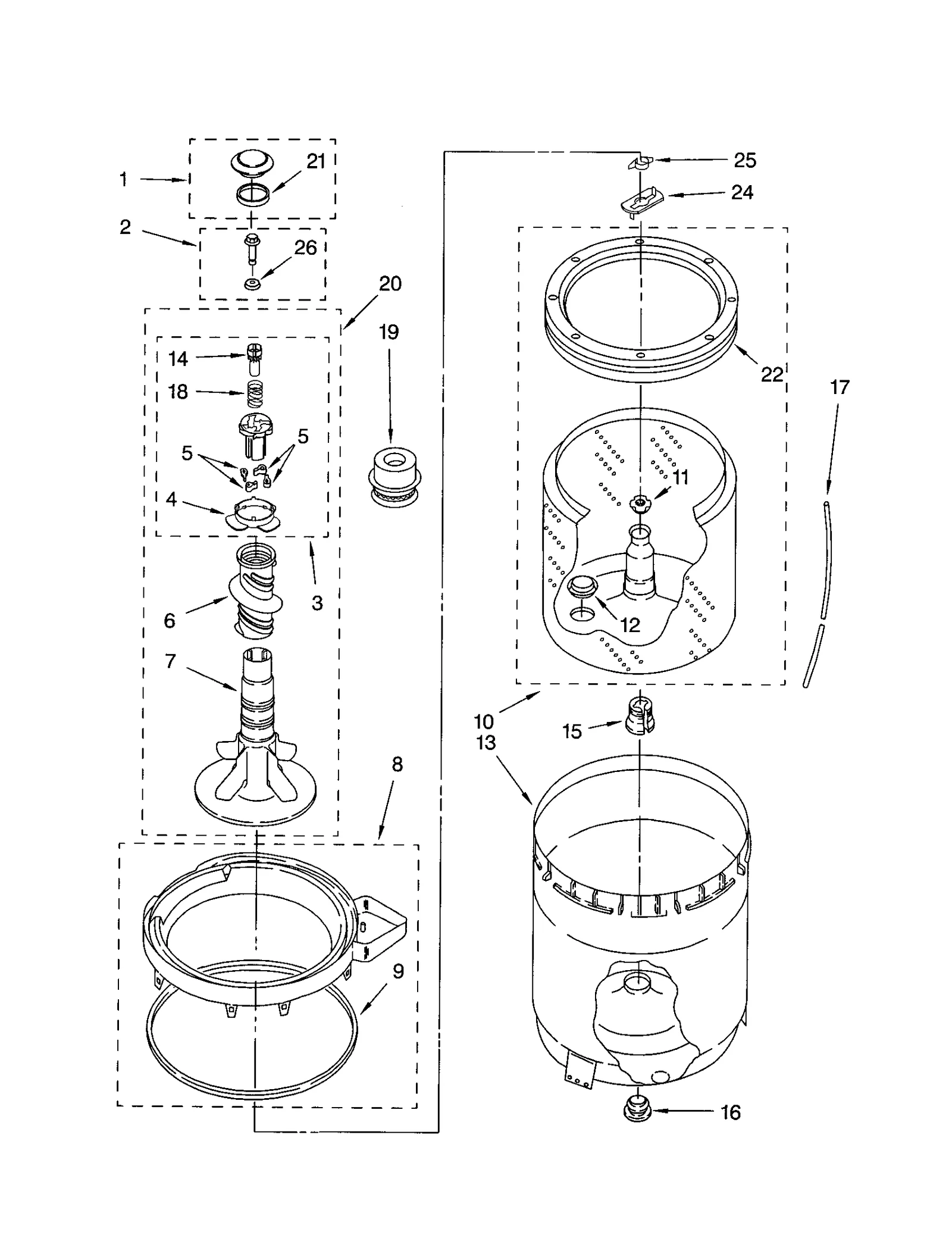 AGITATOR, BASKET AND TUB
