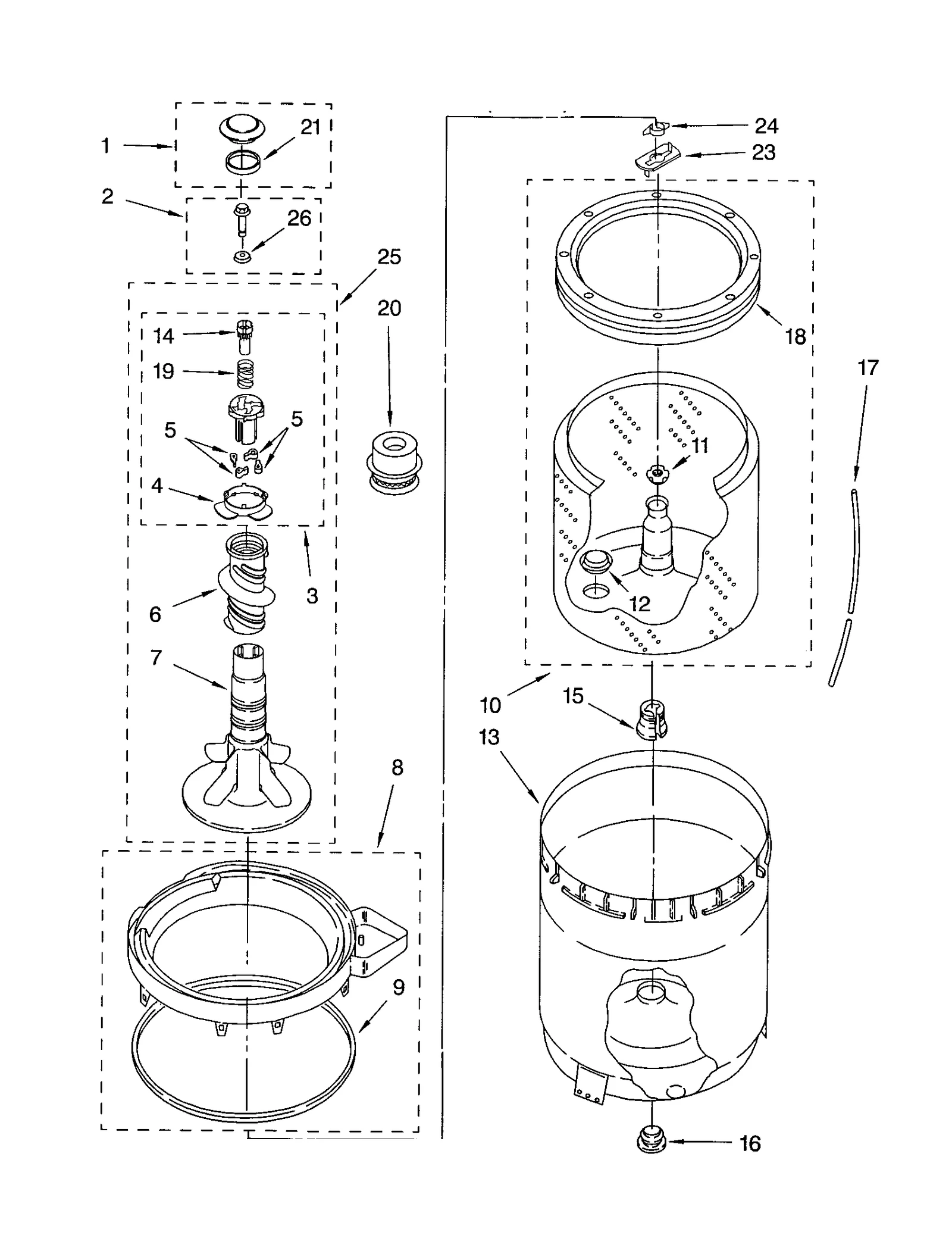 AGITATOR, BASKET AND TUB