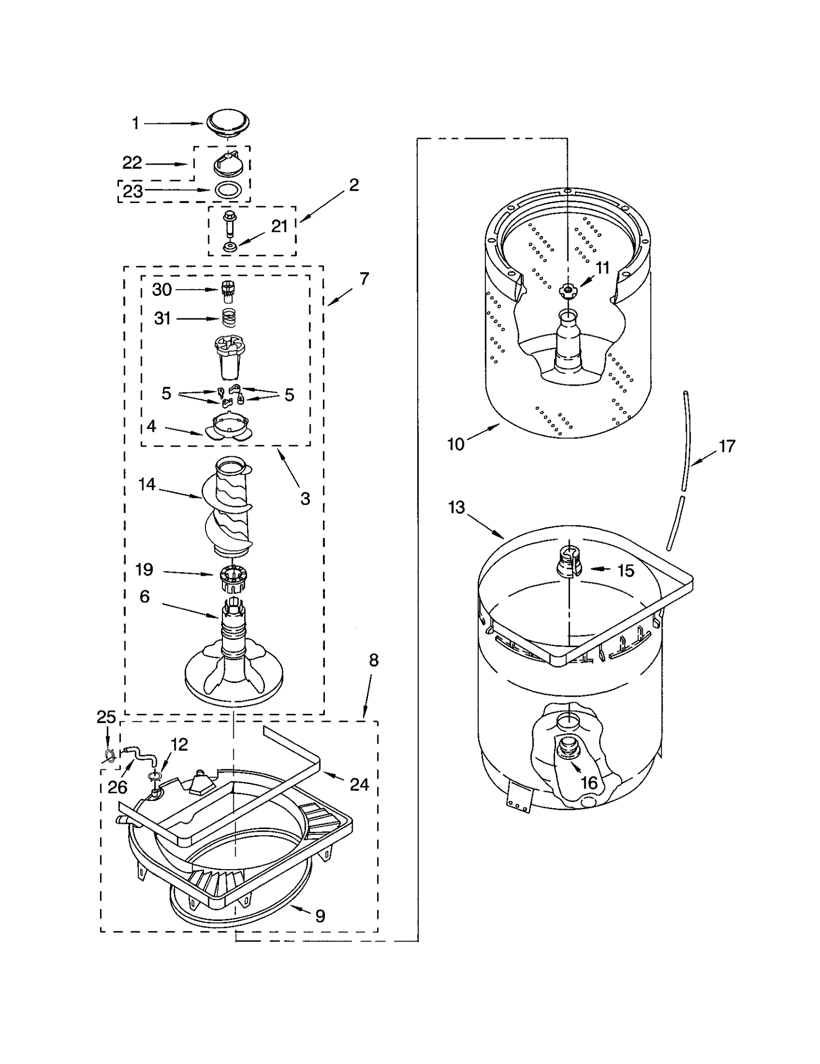 AGITATOR, BASKET AND TUB