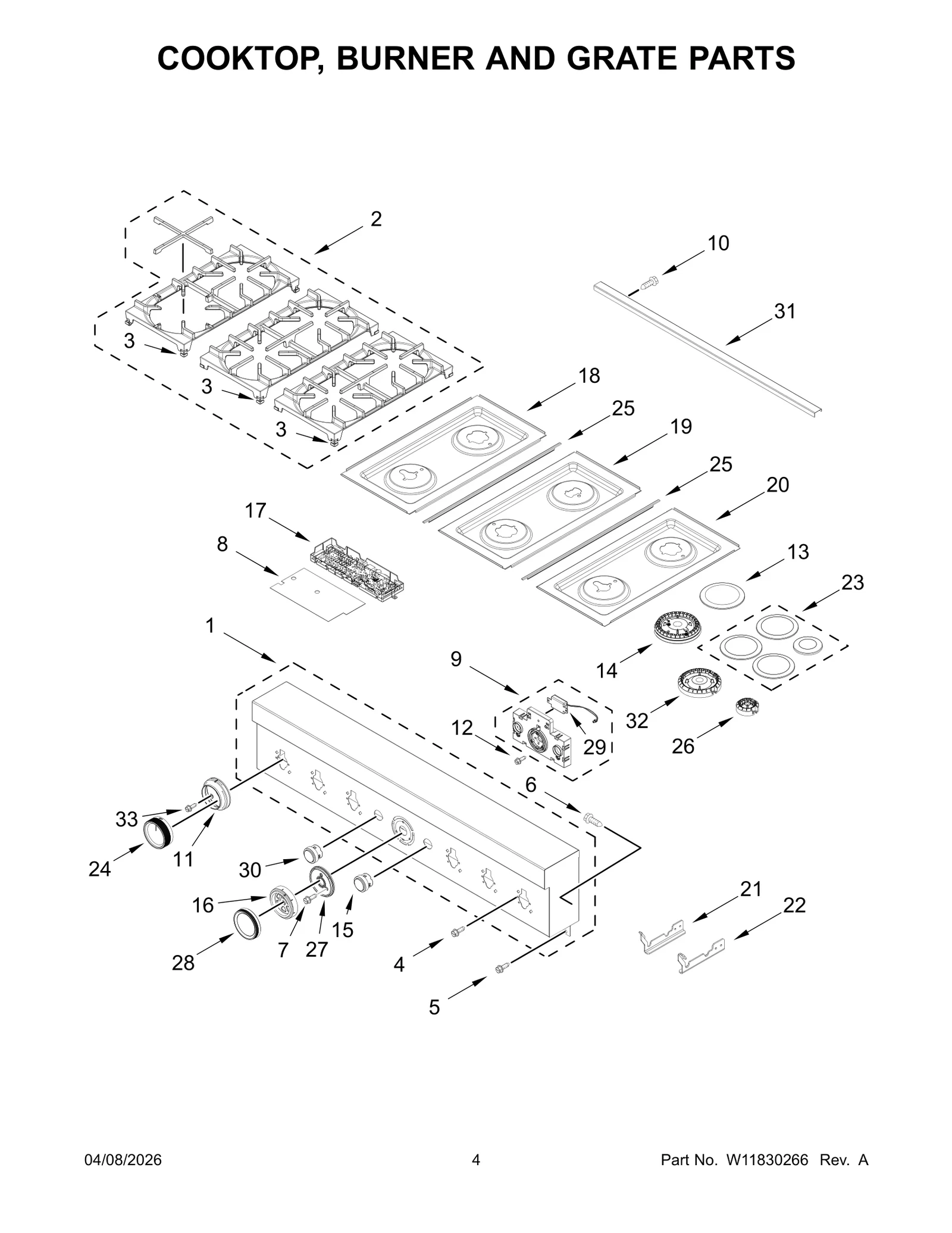 COOKTOP, BURNER AND GRATE PARTS