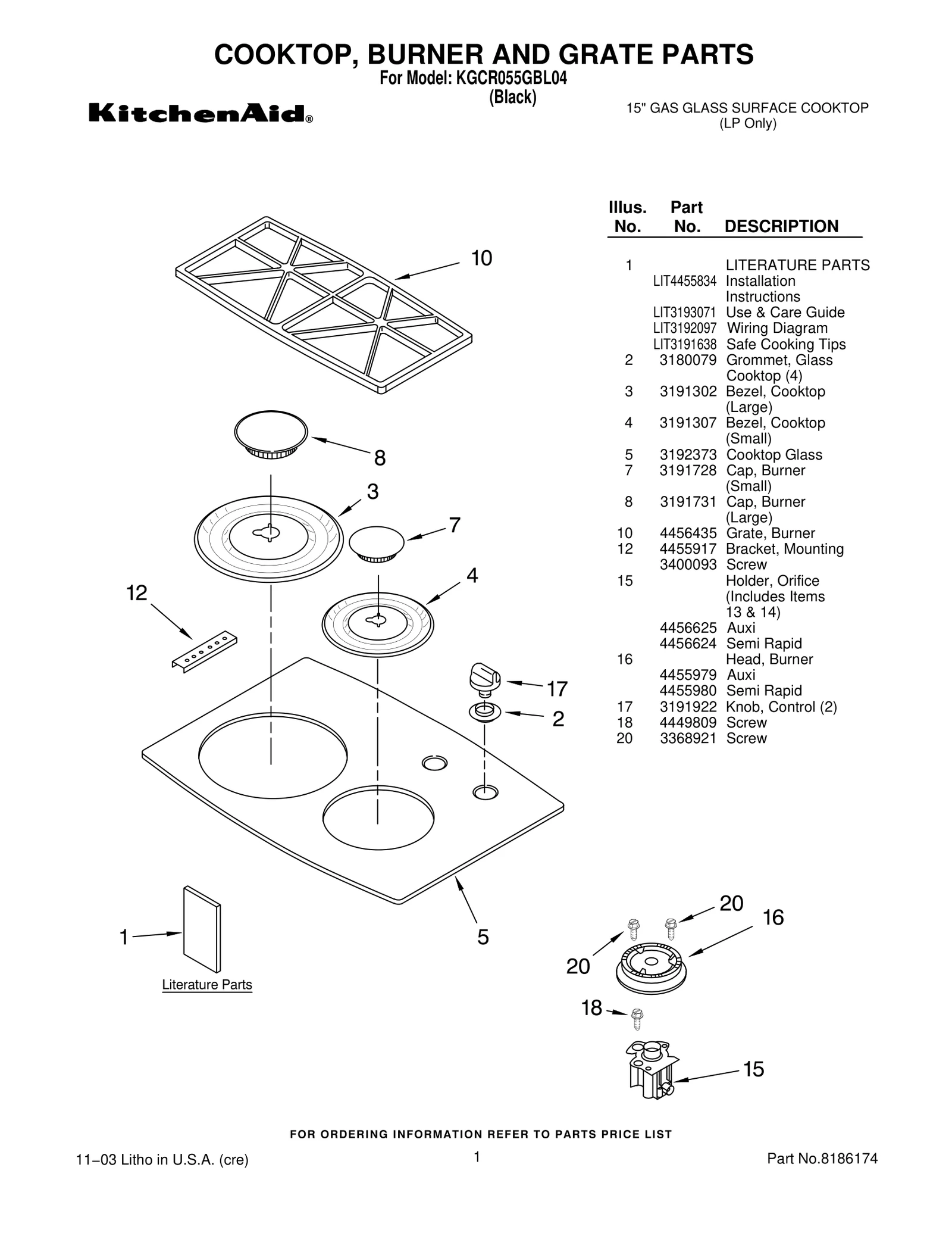 COOKTOP, BURNER AND GRATE PARTS