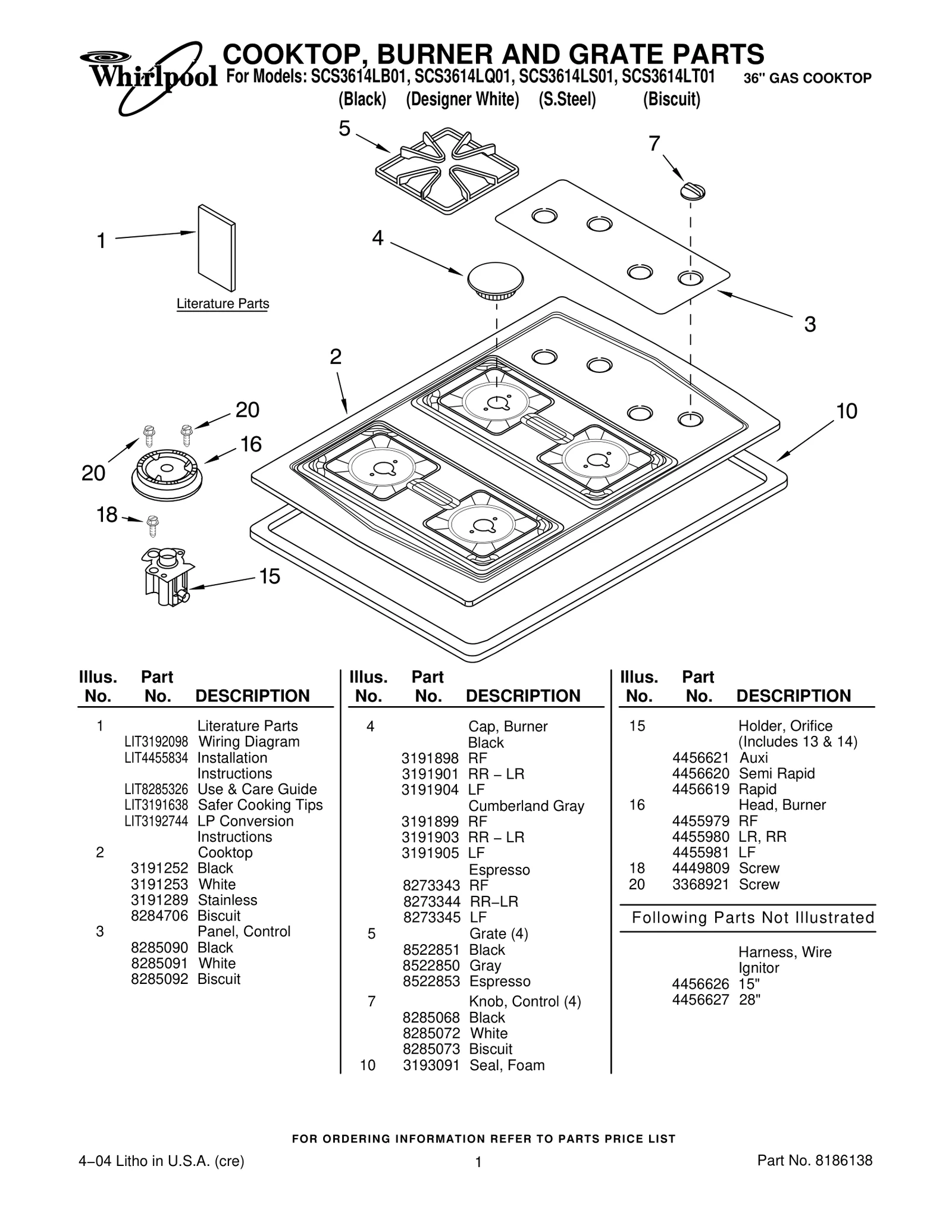 COOKTOP, BURNER AND GRATE PARTS