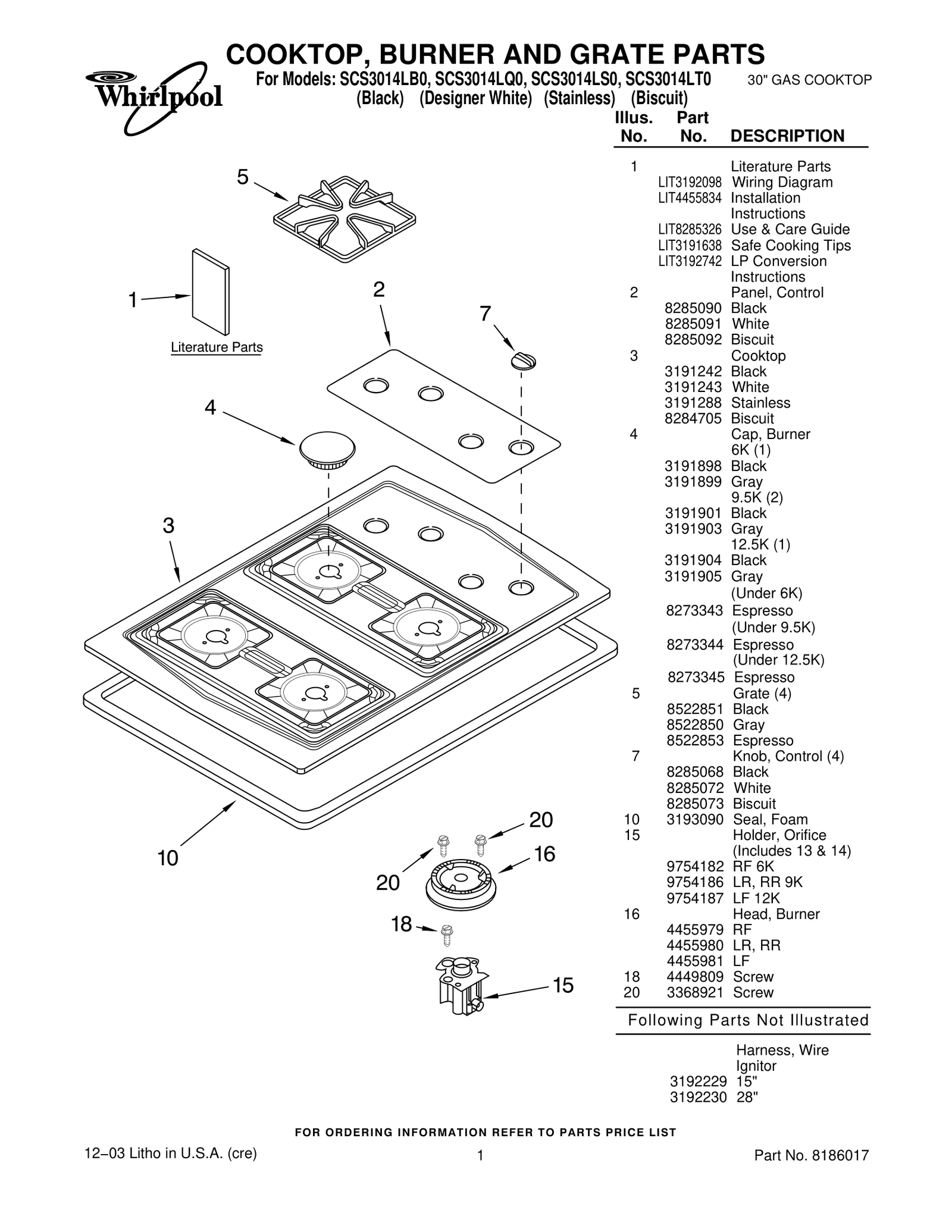 COOKTOP, BURNER AND GRATE PARTS