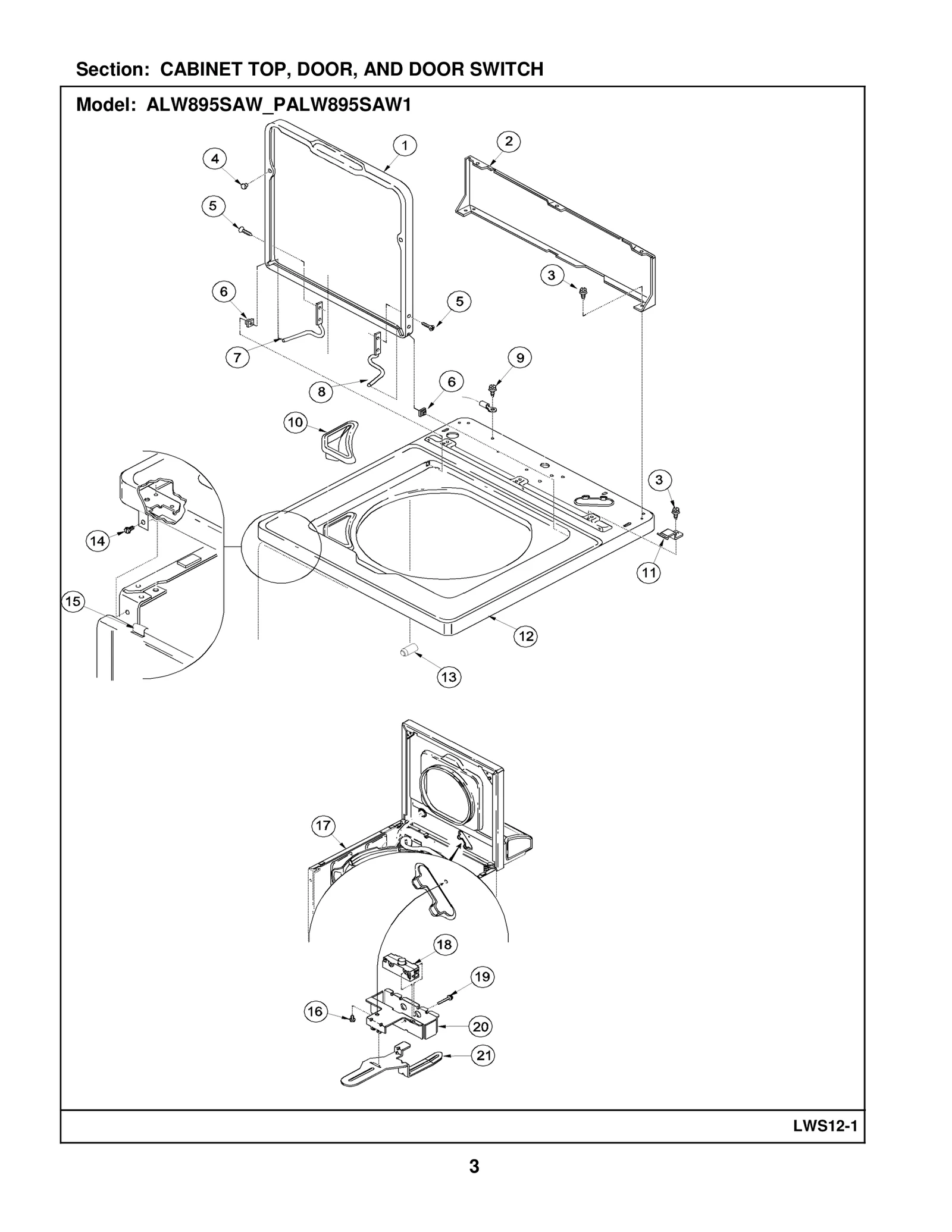CABINET TOP, DOOR, AND DOOR SWITCH