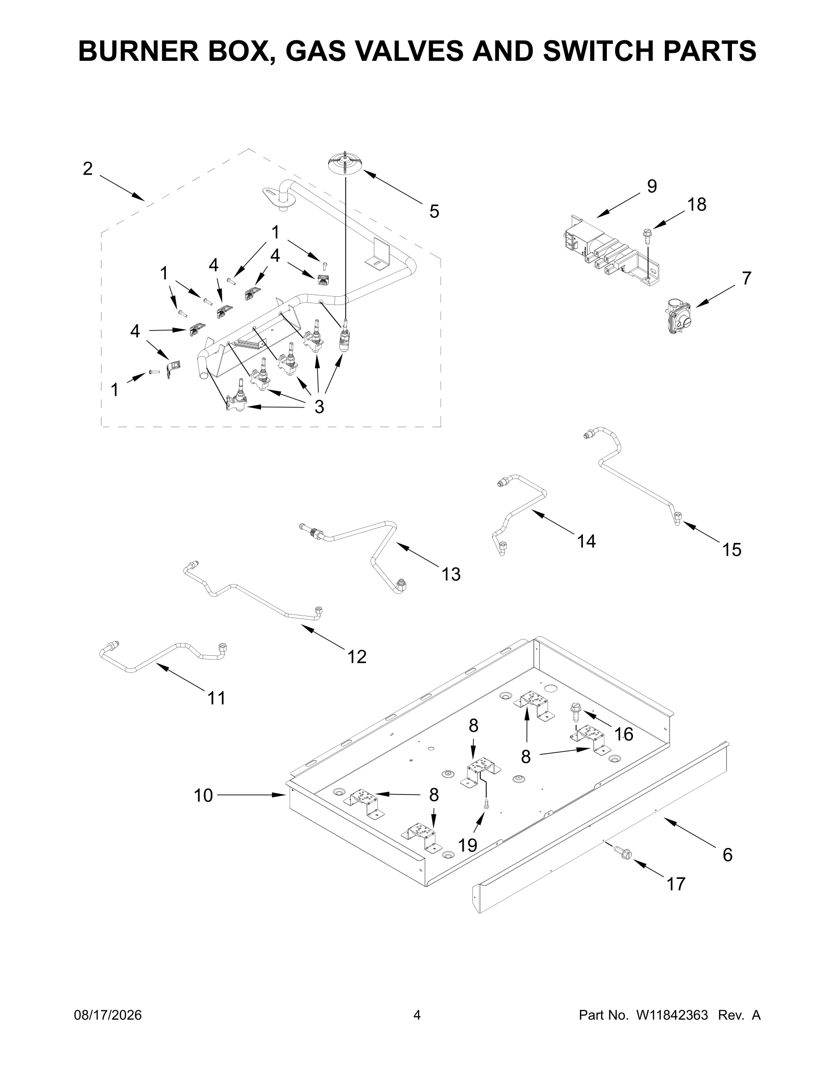 BURNER BOX, GAS VALVES AND SWITCH PARTS