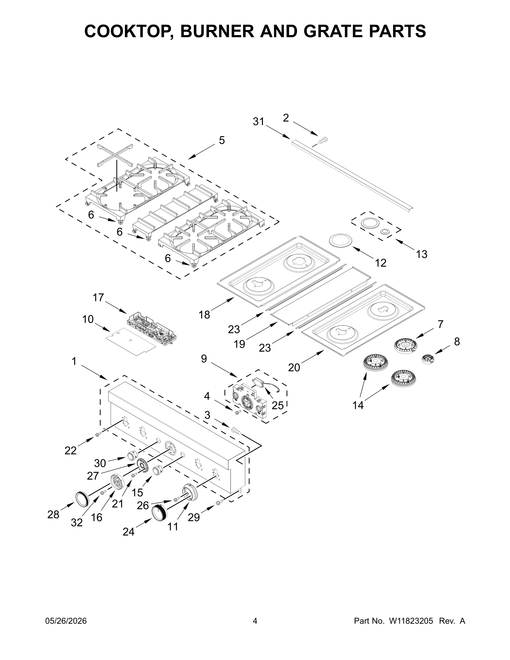 COOKTOP, BURNER AND GRATE PARTS