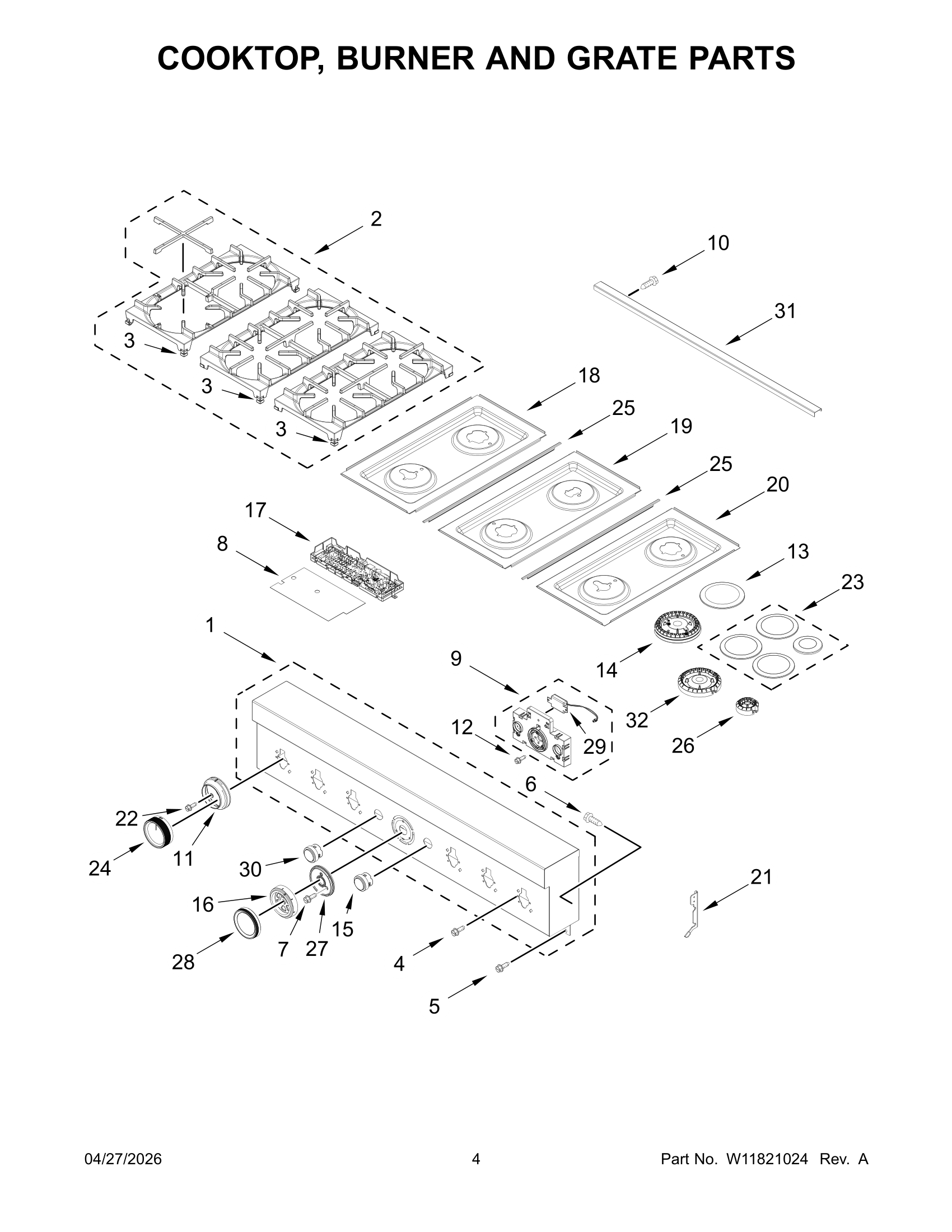 COOKTOP, BURNER AND GRATE PARTS