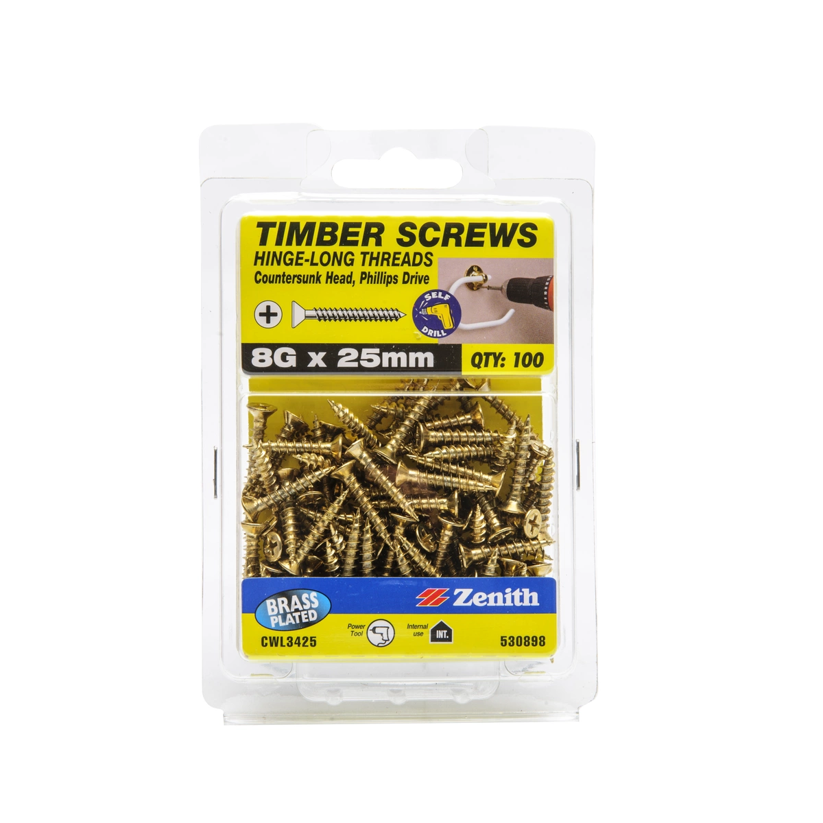 ZENITH® 8G x 25mm Brass Plated Timber Screws – 100 Pack