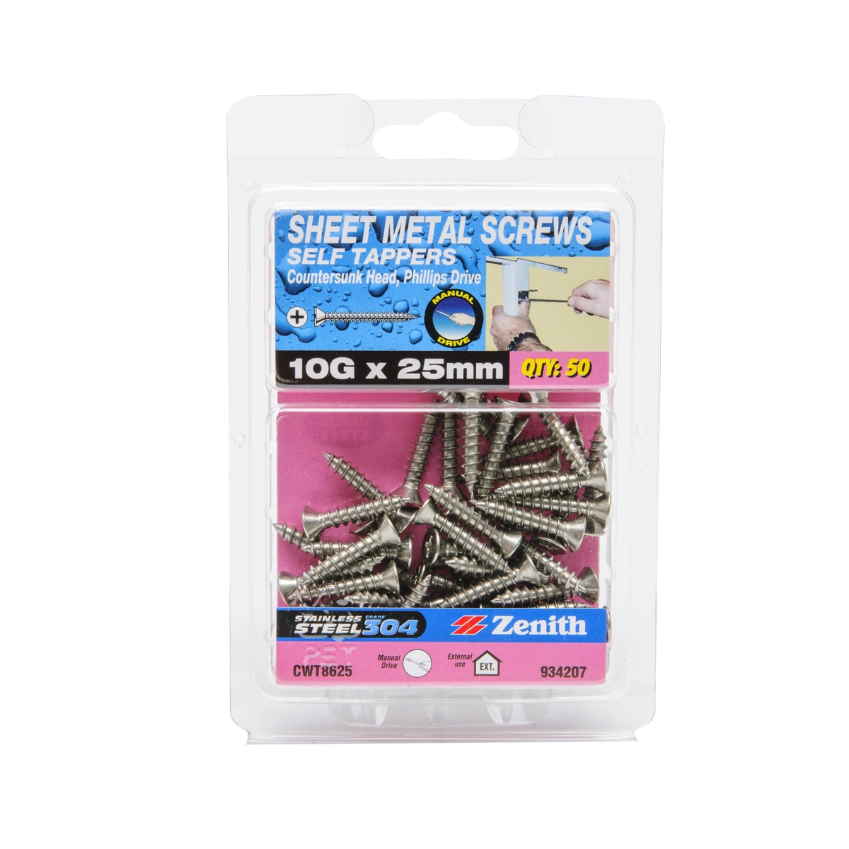 ZENITH® 10G x 25mm 304 Stainless Steel Sheet Metal Screws – 50 Pack