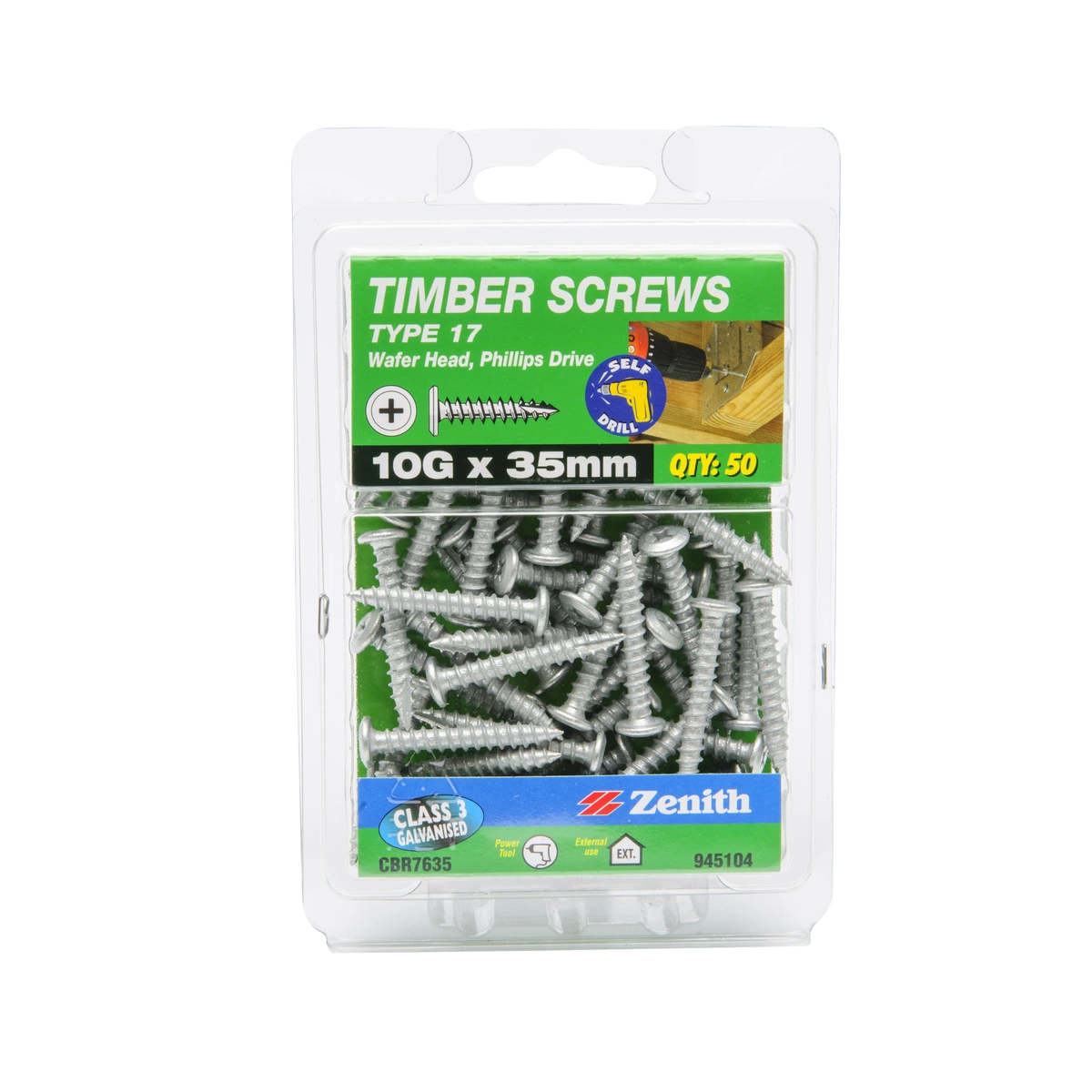 ZENITH® 10G x 35mm Class 3 Galvanised Timber Screws – 50 Pack
