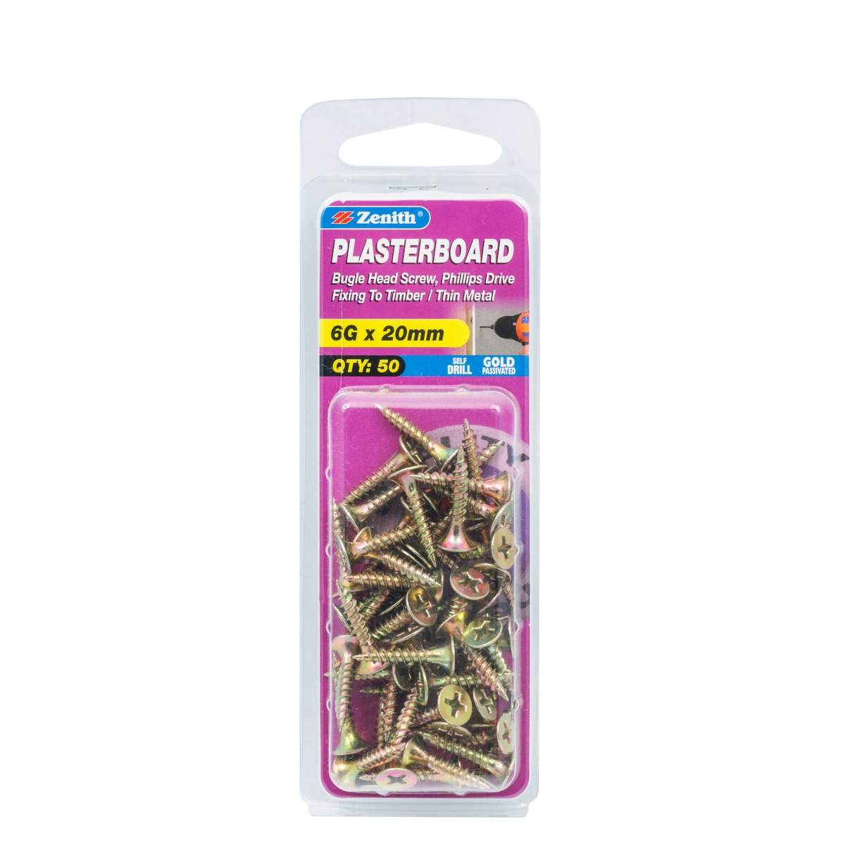 ZENITH® 6G x 20mm Gold Passivated Plasterboard Screws – 50 Pack