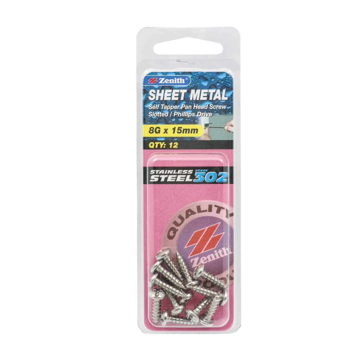 ZENITH® 8G x 15mm 304 Stainless Steel Sheet Metal Screws – 12 Pack