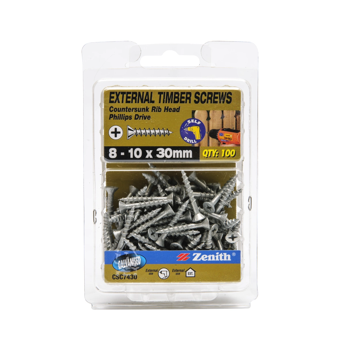 ZENITH® 8G x 30mm Galvanised Timber Screws (Phillips Drive) – 100 Pack