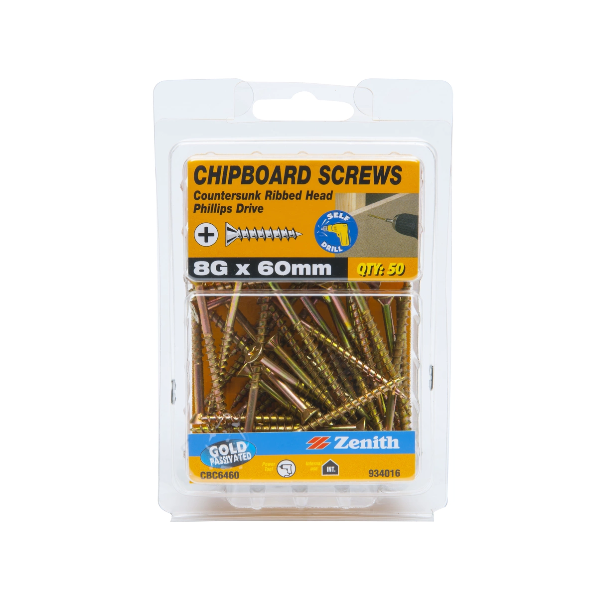 ZENITH® 8G x 60mm Gold Passivated Chipboard Screws – 50 Pack