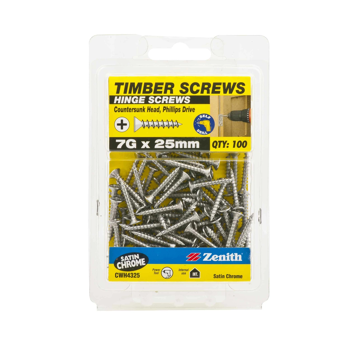 ZENITH® 7G x 25mm Satin Chrome Plated Hinge Screws – 100 Pack