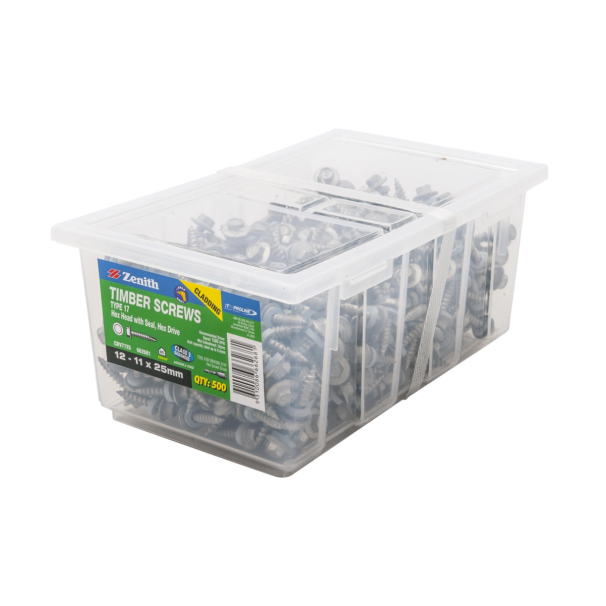 ZENITH® 12G x 45mm Class 3 Galvanised Cladding & Roofing Screws with Seal – 500 Pack