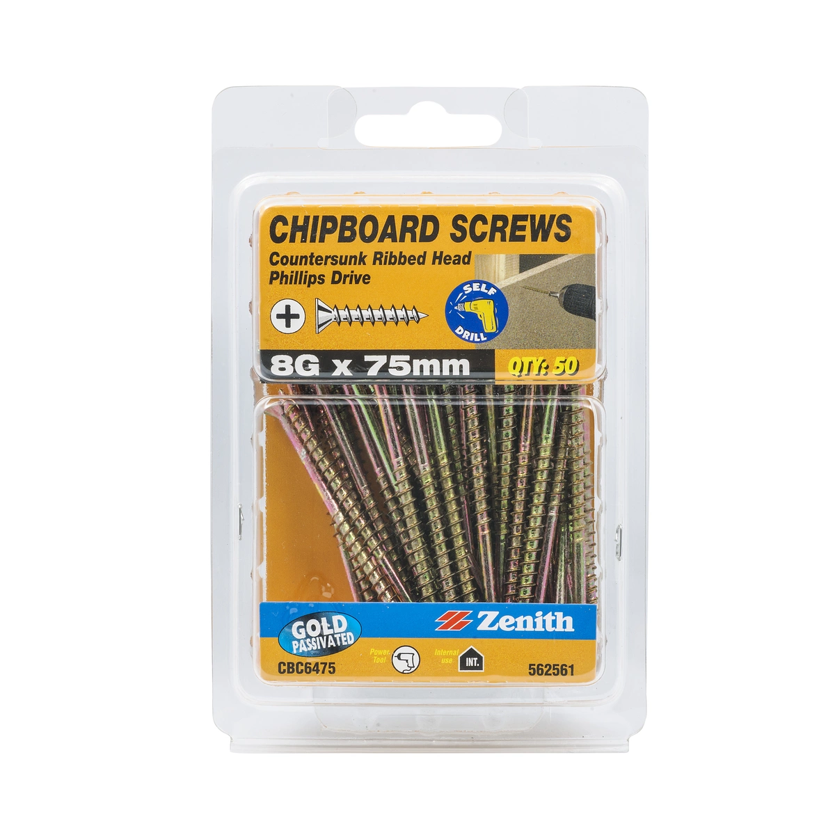 ZENITH® 8G x 75mm Gold Passivated Chipboard Screws (Phillips Drive) – 50 Pack
