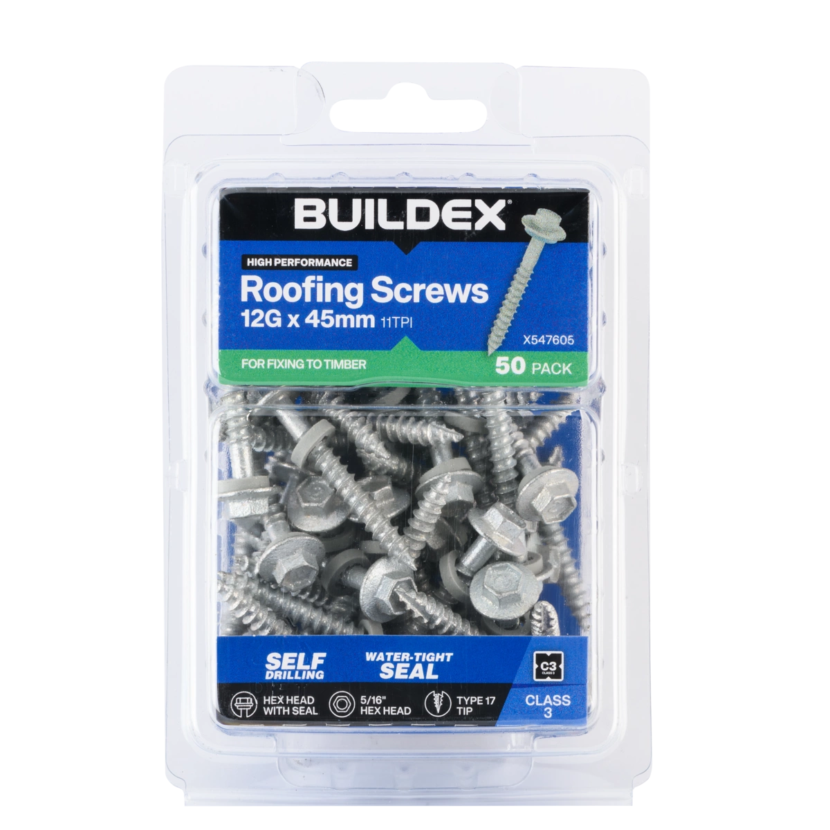Buildex® 12G x 45mm Class 3 Roofing Screws with Seal – 50 Pack