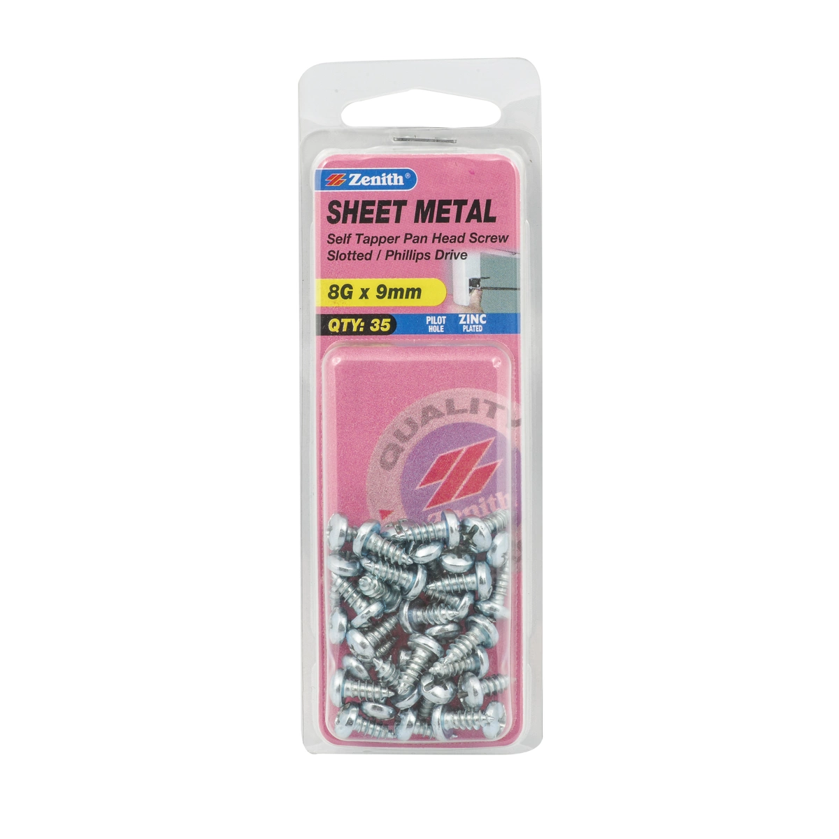 ZENITH® 8G x 9mm Zinc Plated Sheet Metal Screws – 35 Pack