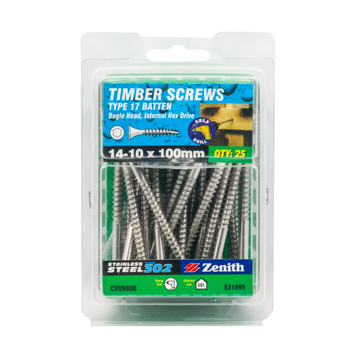 ZENITH® 14G x 100mm 304 Stainless Steel Bugle Batten Screws – 25 Pack