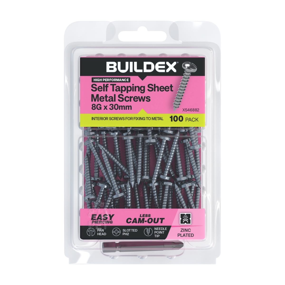 Buildex® 8G x 30mm Zinc Plated Self Tapping Sheet Metal Screws – 100 Pack