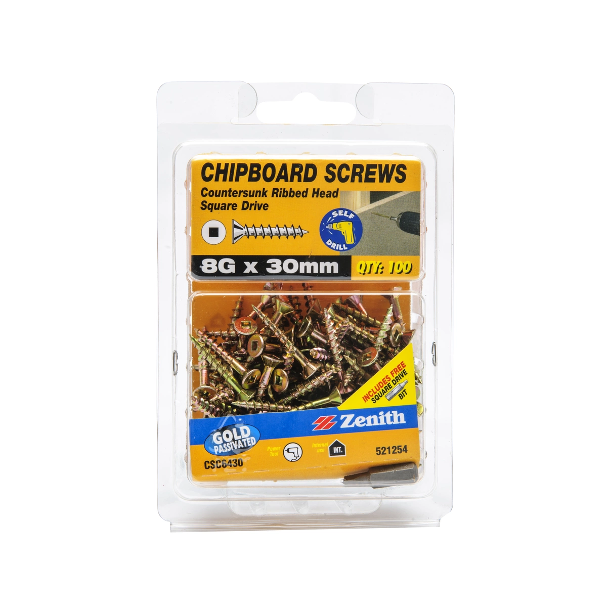 ZENITH® 8G x 30mm Gold Passivated Chipboard Screws (Square Drive) – 100 Pack