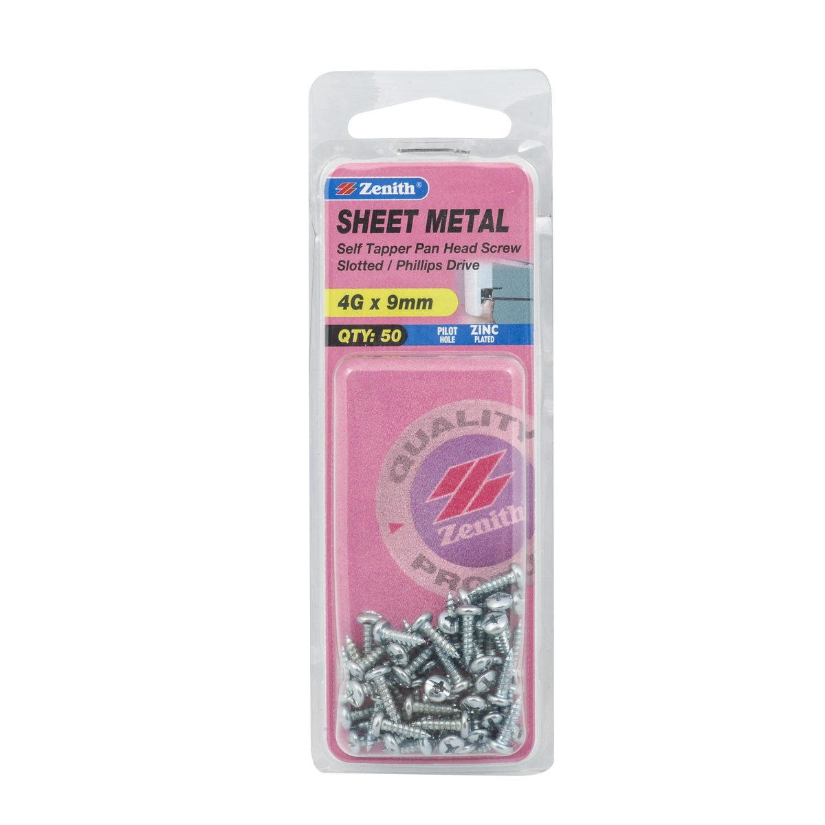 ZENITH® 4G x 9mm Zinc Plated Sheet Metal Screws – 50 Pack